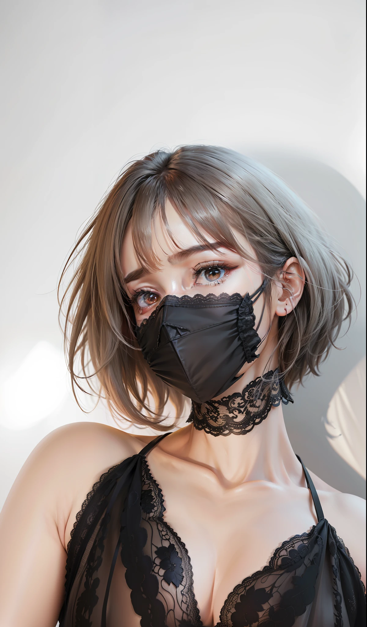 Lots of detail,Super perfect,Professional lighting,white backgrounid,skin textures,Bright eyes,Super real,mouth mask,Lace clothes,Bigchest,White skin and beautiful appearance,Perfect hair detailing,8K,solid,Photo-real