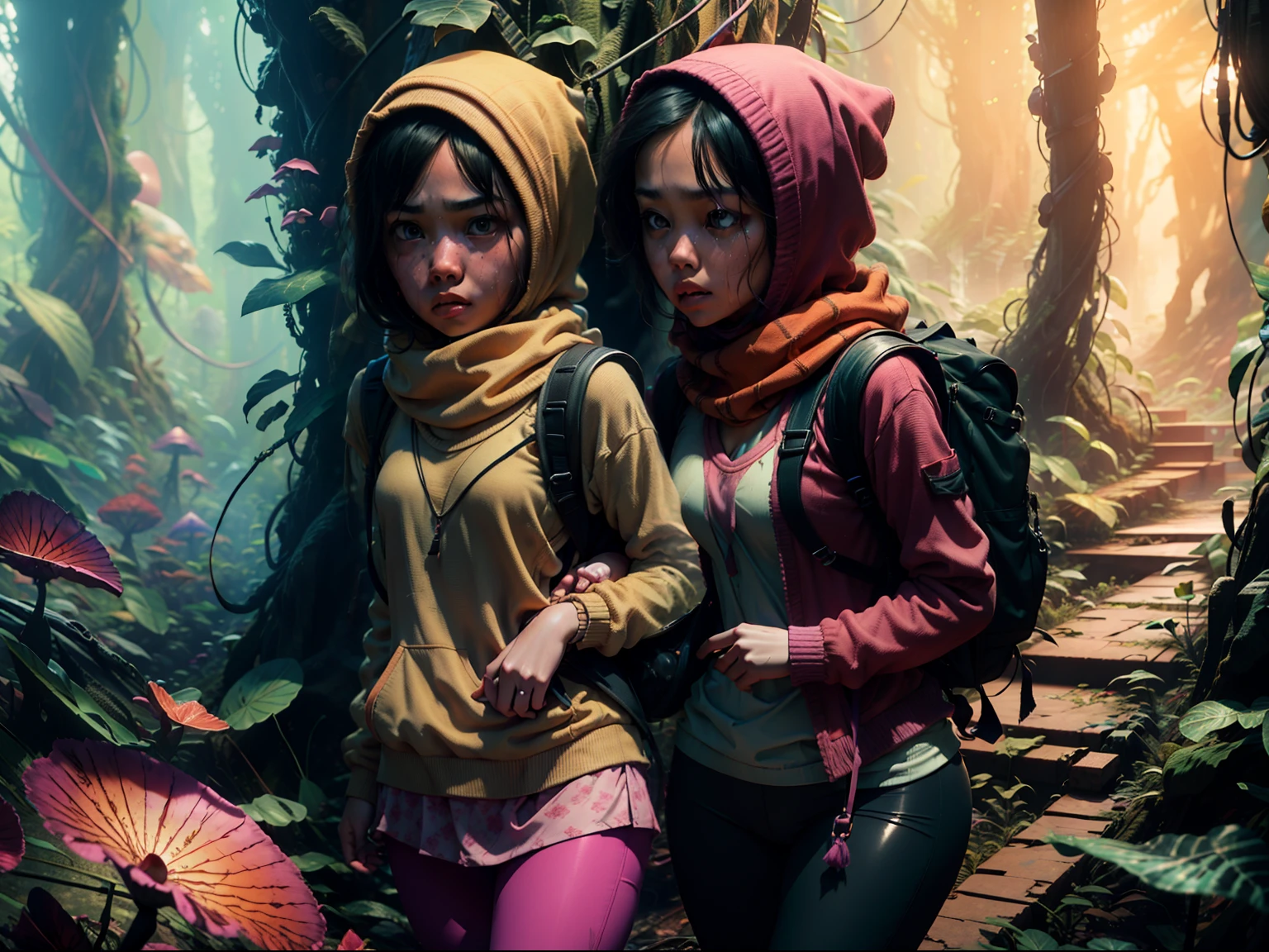 Two malay girl in hijab lost in fantasy jungle, beautiful face, petite body, carry backpack, torn outfit, wear sweater and tight pink leggings, scared face, scared expression and body language, sweating, cinematic lighting, professional photography, ultra realistic face, bright cinematic lighting,