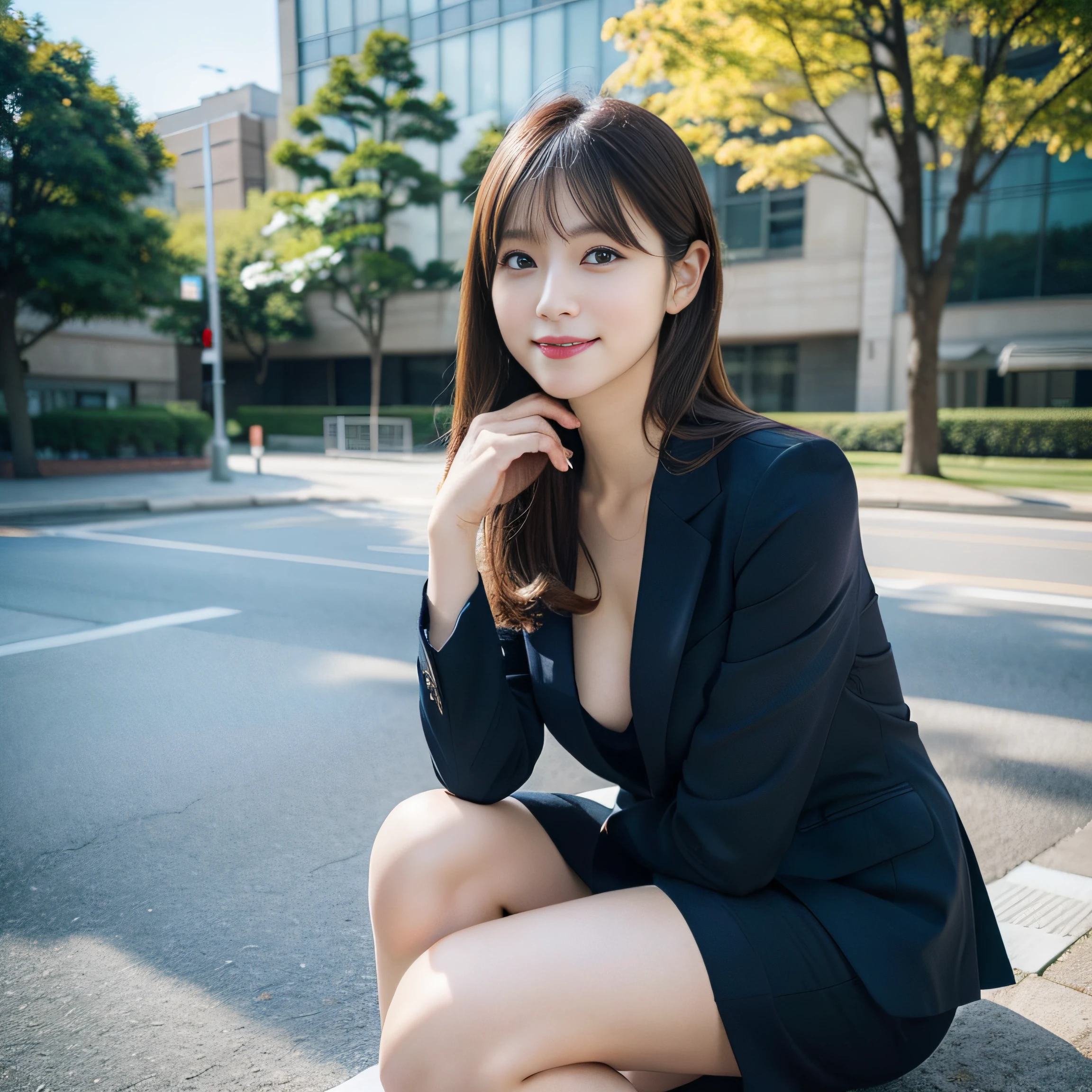 Beautiful black eyes、dual、natural skin textures:1.8, realistic eyes and face details:1.8、middlebreasts、in 8K,Best Quality:1.4, 超A high resolution:1.5, (Photorealistic:1.4),masterpiece:1.2,(top-quality:1.4)、 Raw photo、 (the background is blurred), 1日本人の女の子, Cute, (Full body:1.4)、realistic shadow、beauty legs:1.2、tight skirts、(Solo:1.4), (Shy smile), Smooth skin、 (Brown medium hair,Bangs),nogizaka,Beautiful body, Navy Business Suit, Secretary, on the park、During the break、super model、Black pantyhose、gravure、Stand