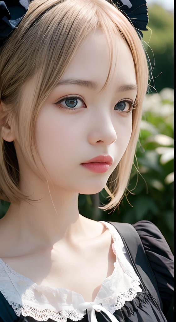 (masutepiece, Best Quality:1.2), 8K, 85 mm, Official art, Raw photo, absurderes, Platinum Blonde Hair, (Blue eyes, Lolita Fashion, sweetlolita, Gothic, Dress:1.2), Idol face, full body Esbian, Beautiful Girl, gardeniass, Copenhagen, Short sleeve, Elegance, Sophisticated, gardenia, Looking at Viewer, Film grain, chromatic abberation, Sharp Focus, face lights, Dynamic lighting, Cinematic lighting, Detailed face, Bokeh background