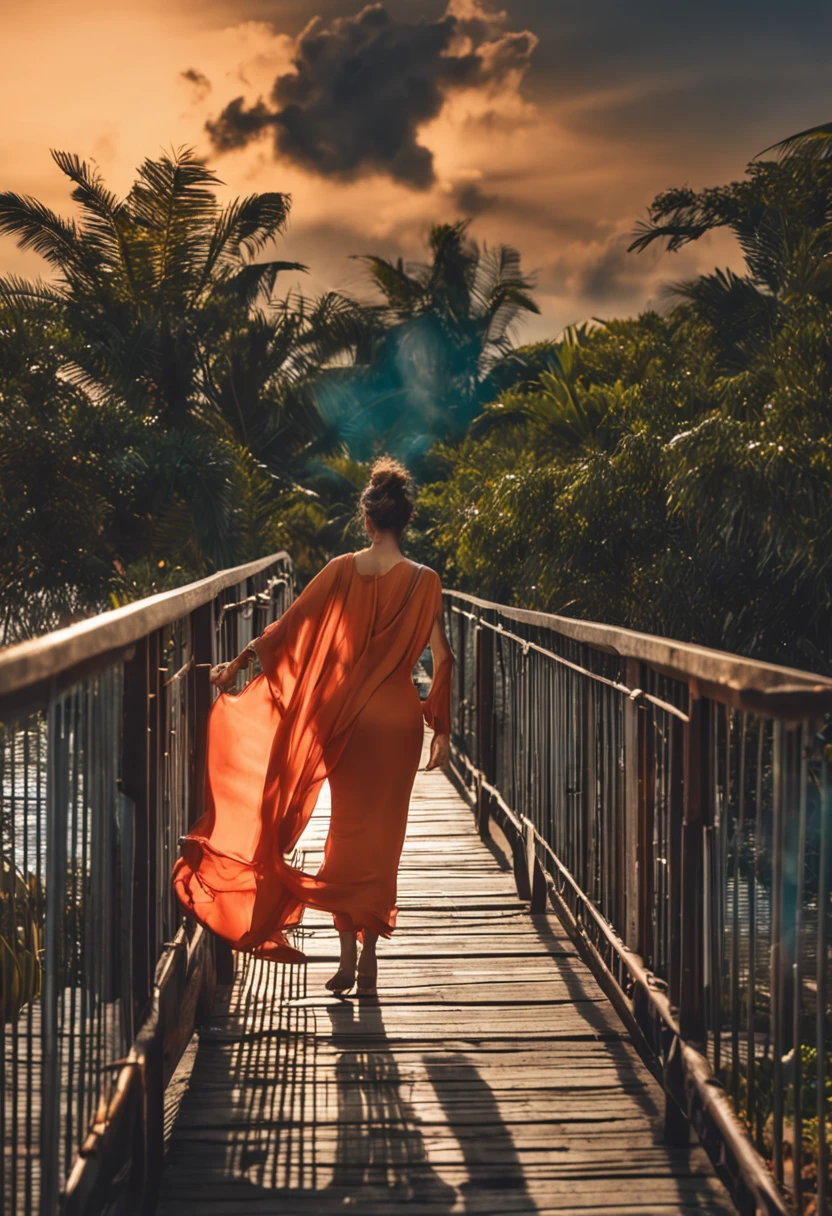 mulher um pouco acima do peso com vestido longo, walking on a highway towards the sun with clear blue sky, photo taken from behind by a Sony A6400 camera with a 50mm sigma lens, fundo desfocado em um dia ensolarado