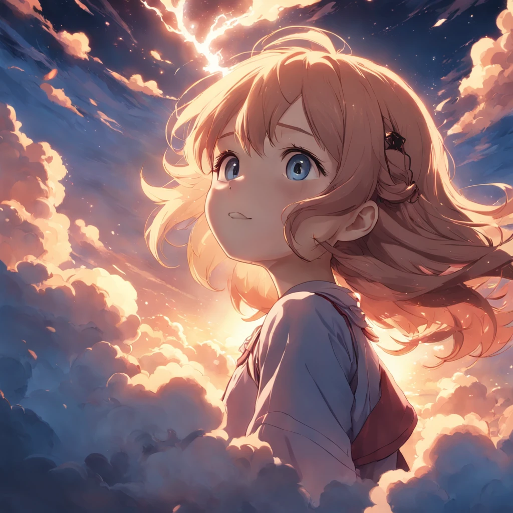 masterpiece, best quality, movie still, 1girl, cloud girl, floating in the sky, close-up, bright, happy, warm soft lighting, sunset, (sparks:0.7)