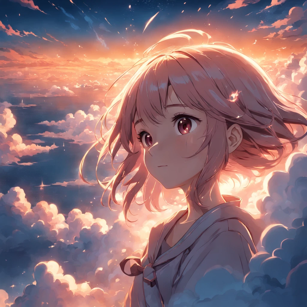 masterpiece, best quality, movie still, 1girl, cloud girl, floating in the sky, close-up, bright, happy, warm soft lighting, sunset, (sparks:0.7)