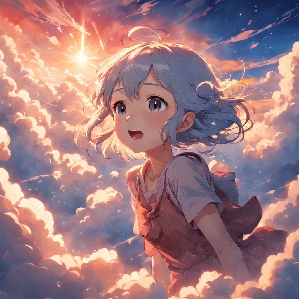 masterpiece, best quality, movie still, 1girl, cloud girl, floating in the sky, close-up, bright, happy, warm soft lighting, sunset, (sparks:0.7)