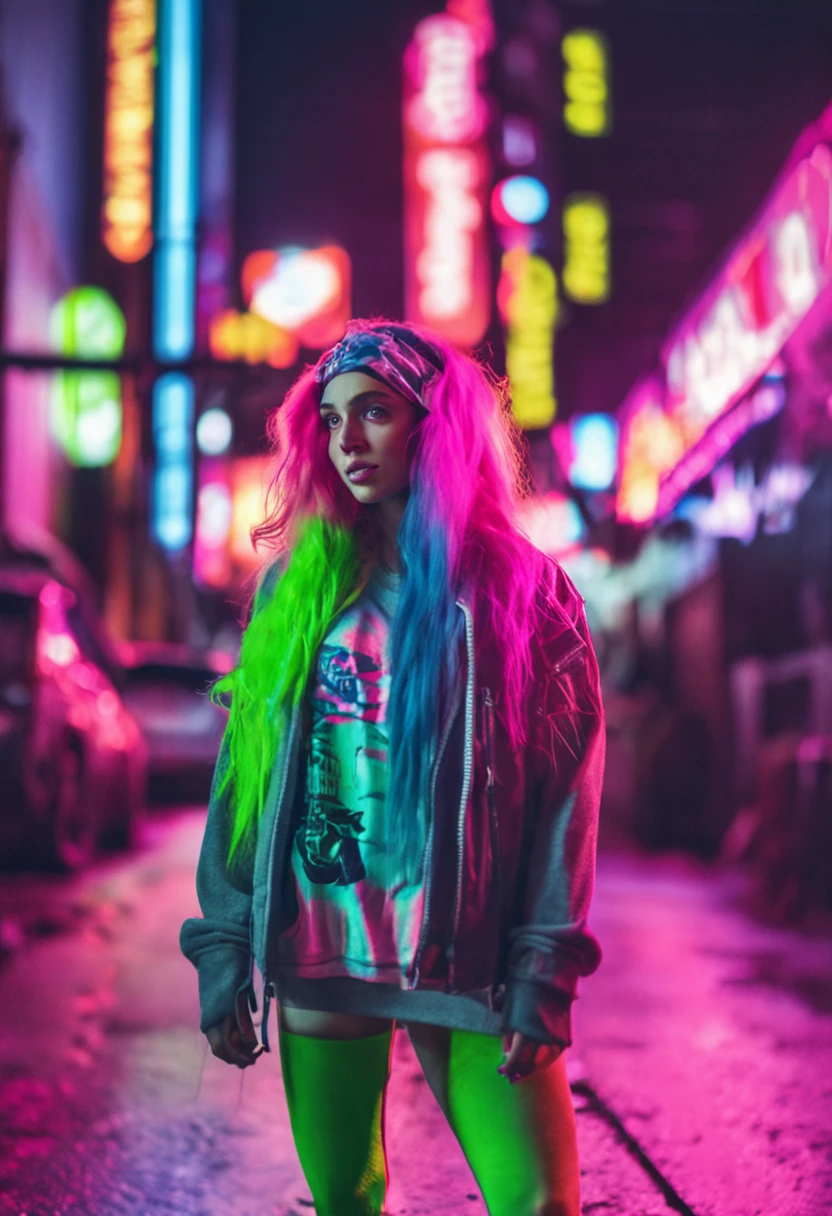 (8K, RAW photo, Highest quality, Masterpiece), High Detail RAW Color Photo Professional Close Photo, (Realism, Photo realism:1.4), (Highest quality), (Best shadow), (Best Illustration),Surreal face, Blue eyes, Girl with long neon green hair, Wear a short hoodie hood, Check plaid maxi skirt, Tight high socks, Hide the hoverboard, Tokyo at night, neonlight, Neon pink, neon blue, Neon lime green