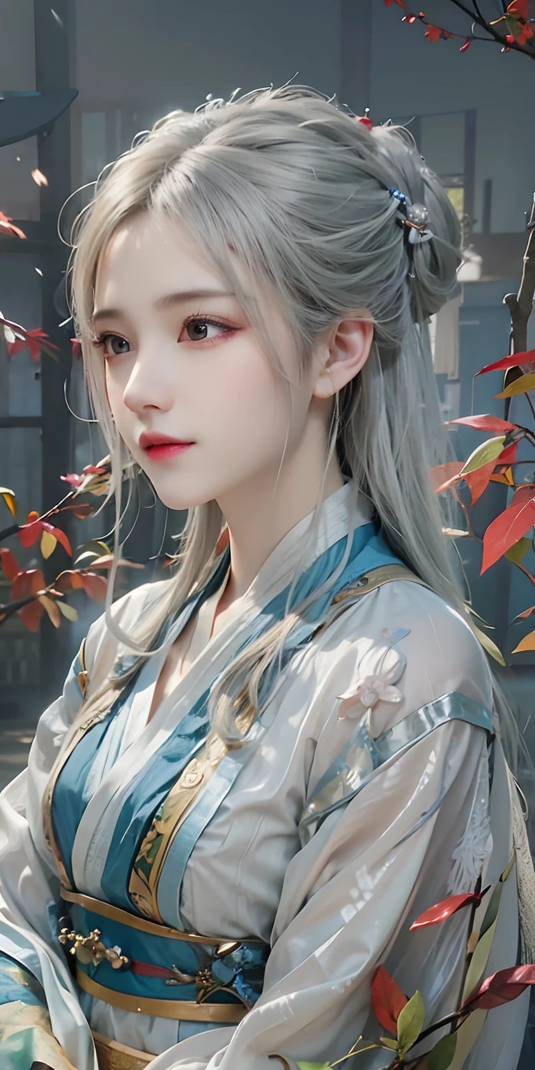 a woman with long hair and a blue dress standing in front of a tree, Palace ， A girl in Hanfu, Guviz, Chinese style, Guviz-style artwork, Hanfu, author：Fan Qi, Chinese traditional, Realistic. Cheng Yi, Beautiful character painting, Chinese girl, Beautiful digital artwork, author：Zhou Wenjing, Girl silver hair