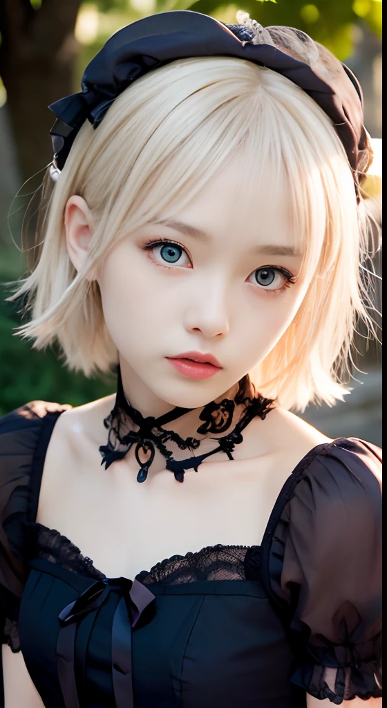 (masutepiece, Best Quality:1.2), 8K, 85 mm, Official art, Raw photo, absurderes, Platinum Blonde Hair, (Blue eyes, Lolita Fashion, sweetlolita, Gothic, Dress:1.2), Idol face, full body Esbian, Beautiful Girl, gardeniass, Copenhagen, Short sleeve, Elegance, Sophisticated, gardenia, Looking at Viewer, Film grain, chromatic abberation, Sharp Focus, face lights, Dynamic lighting, Cinematic lighting, Detailed face, Bokeh background