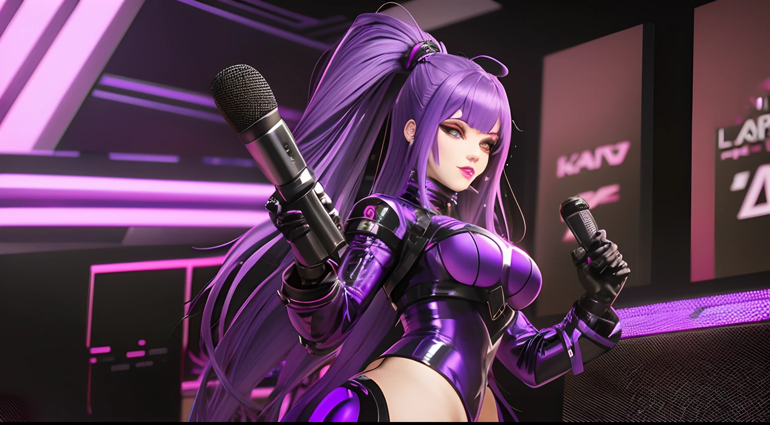 purple haired woman in latex outfit standing in front of microphone, dark purple hair and cybernetics, unreal engine : : rave makeup, she has purple hair, captured on canon eos r 6, 8k portrait render, katana zero video game character, kda, twitch streamer, as overwatch character, rendered in sfm, wearing dark purple armor, cinematic bust shot