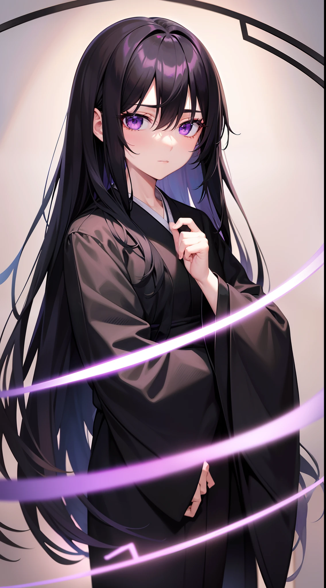 adult man, Long black hair, violet eyes, Thin, black kimono, Masterpiece, hiquality