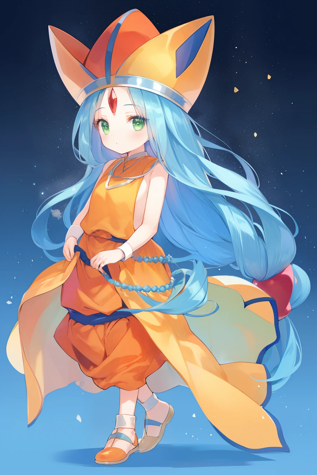 top quality, best quality, light orange dress, light orange hat, light blue hair, very long hair, tied hair ends, light green eyes, red jewel accessory on forehead, blue shoes, little girl, cute, high quality