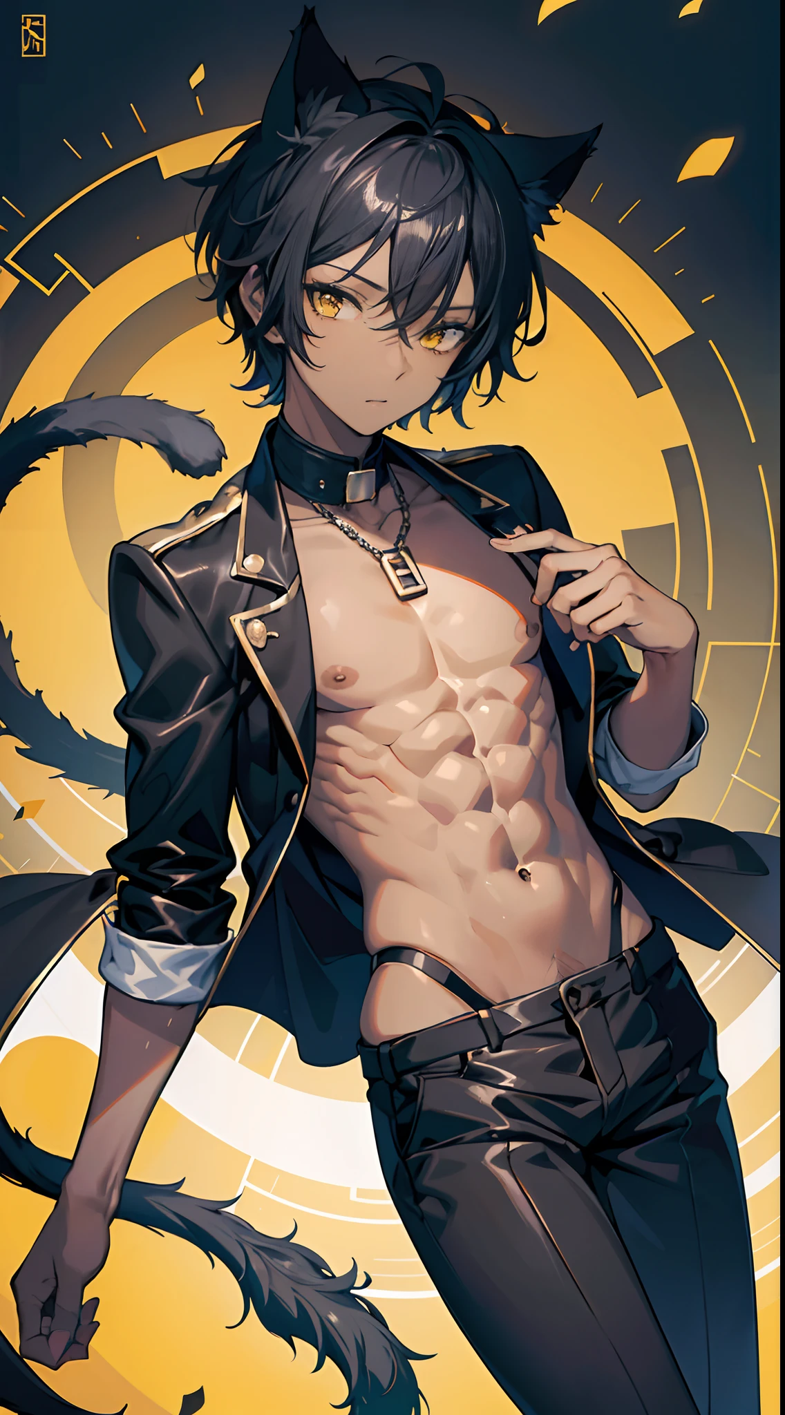 best aesthetic, ultra high res, distinct, ultra detailed, best quality, high quality, ultra quality, 16k, high details, high resolution, detailed, masterpiece, beautiful, detailed skin, full body, sexy, (1boy), black hair, short hair, yellow eyes, cat ears, (tan), (dark skin), shota, belly-buttoned suit, (abs), (beautiful dark skin boy with black hair and cat ears)