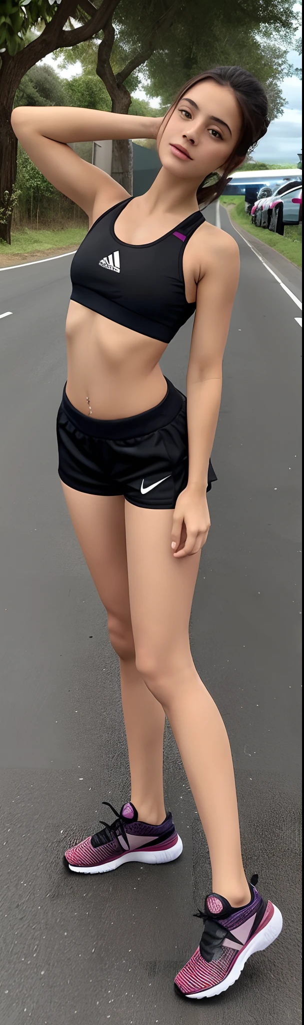 Beautiful woman arafed in a sports bra top standing on a road, pernas tonificadas, cintura fina, Photo adjustment, sport bra and shorts, pernas finas, cintura fina, corpo tonificado, regata preta apertada e shorts, wearing black shorts, corpo completo extremamente magro, foto de modelo de menina slim, menina em forma, corpo em forma, cintura fina, Encaixe figura delicada
