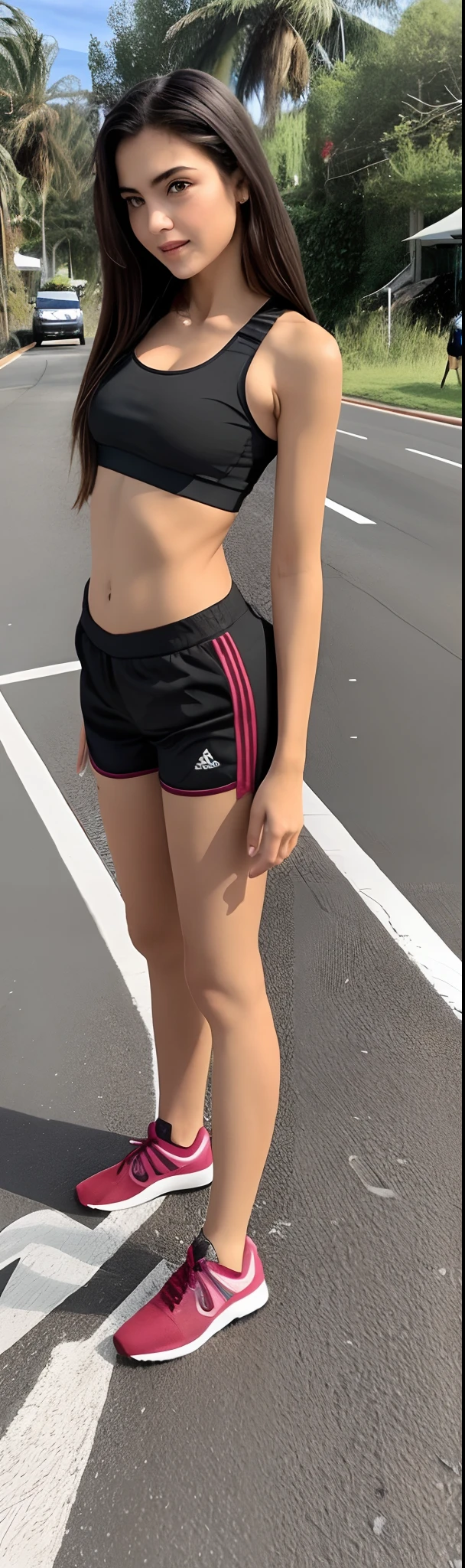 Beautiful woman arafed in a sports bra top standing on a road, pernas tonificadas, cintura fina, Photo adjustment, sport bra and shorts, pernas finas, cintura fina, corpo tonificado, regata preta apertada e shorts, wearing black shorts, corpo completo extremamente magro, foto de modelo de menina slim, menina em forma, corpo em forma, cintura fina, Encaixe figura delicada