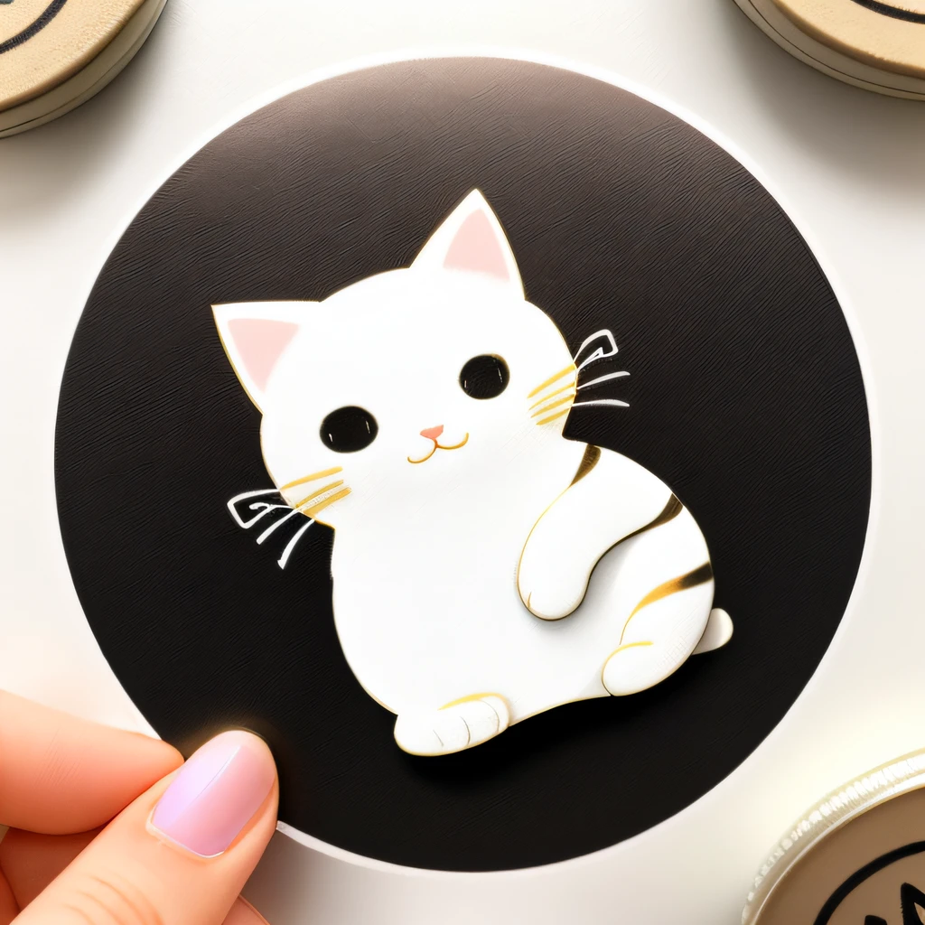 round, simple logo. there is a white striped yellow cat holding a bottle of nail polish, liquid cat, cat theme logo, cat design, , pastel electric sticker design, hq whiskers, cat illustration, white striped gold cat, simple, black white, minimalism