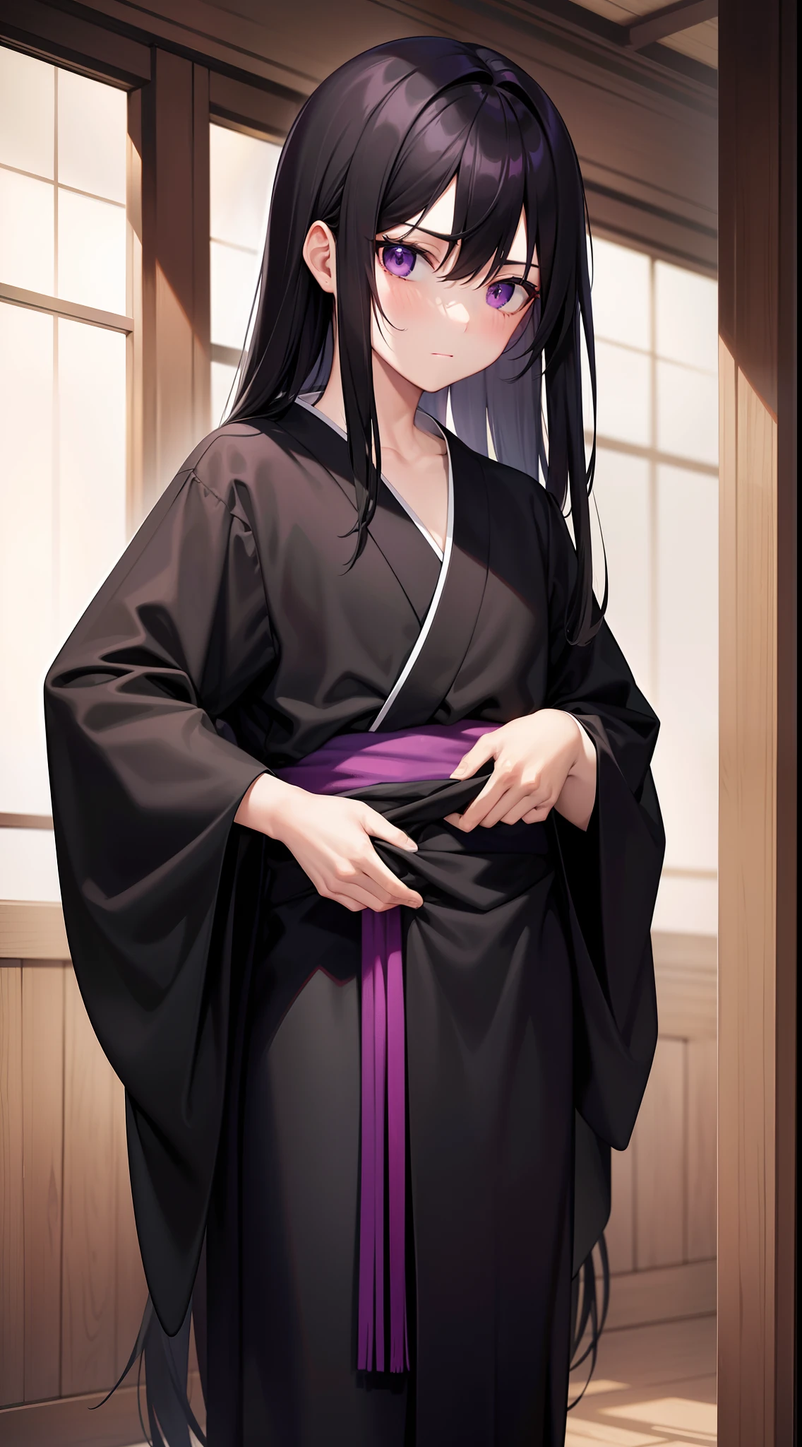 adult man, Long black hair, violet eyes, Thin, black kimono, Masterpiece, hiquality