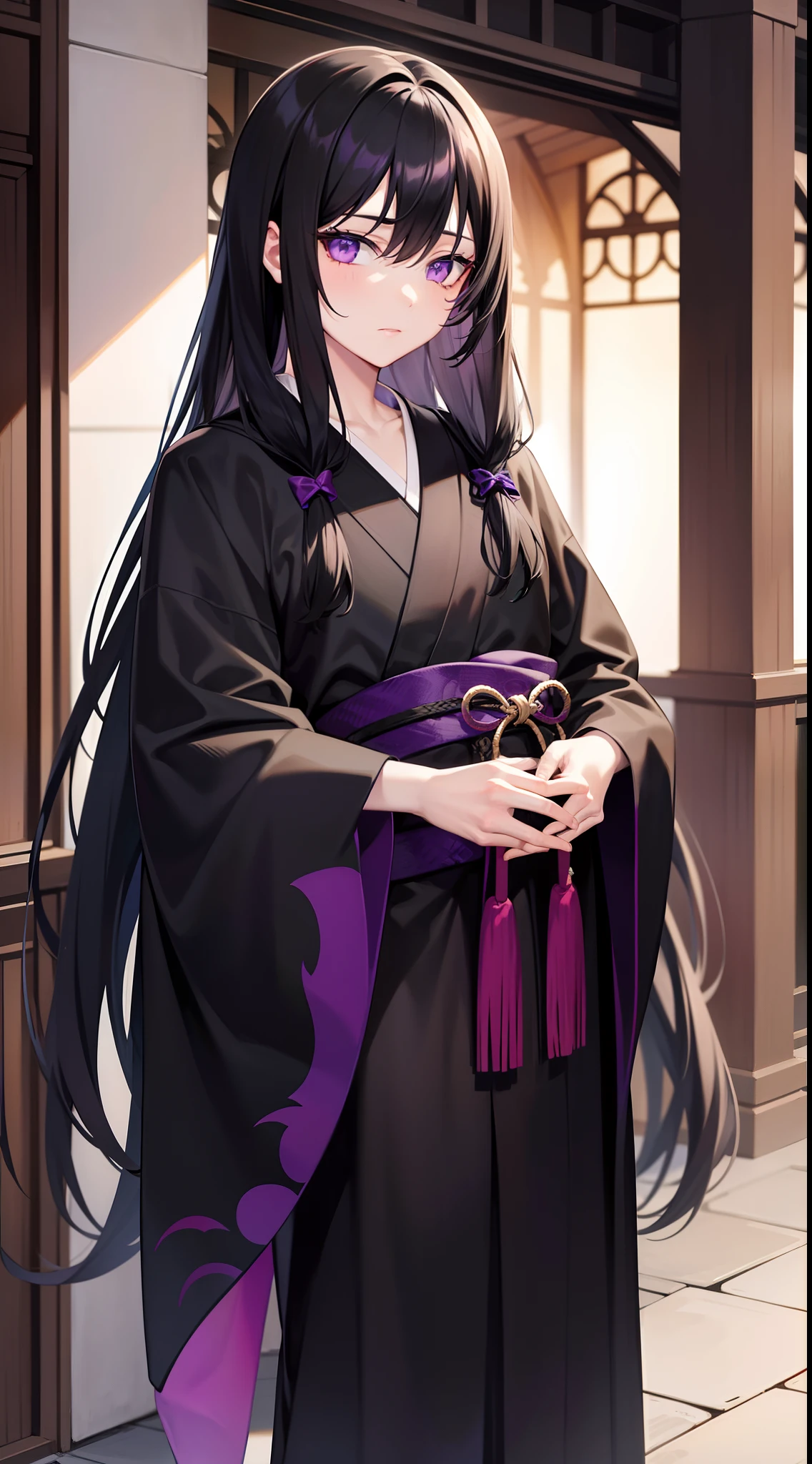 adult man, Long black hair, violet eyes, Thin, black kimono, Masterpiece, hiquality