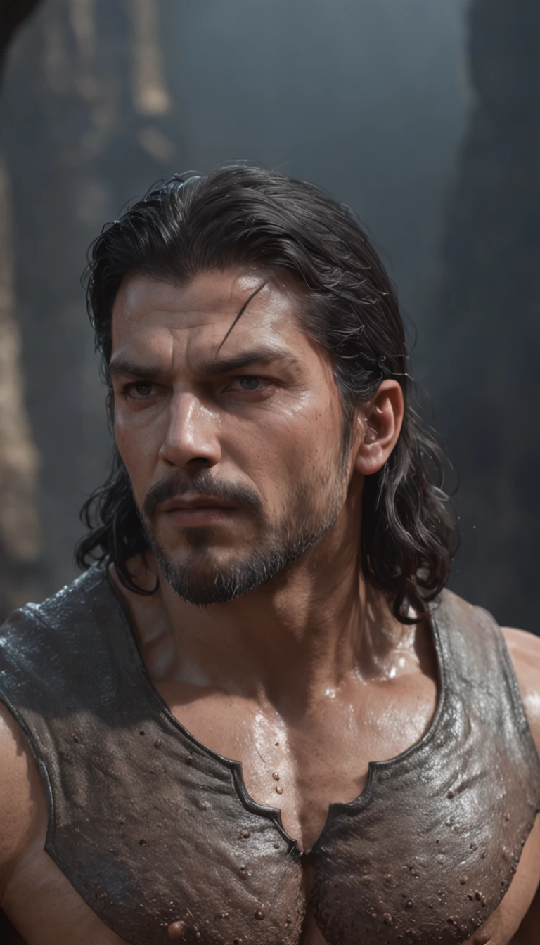 a prince with black hair and blue eyes without a strong shirt in a caravel focus from bottom to top focus on the groin (Professional 3D rendering:1.3) de (Realistic:1.3) Foto de arte mais bonita do mundo，Features soft, bright male heroes, ((Epic hero fantasy rough muscular man wet hero angry look long hair short beard and fierce expression in dynamic pose, fantastic location, majestoso ambiente desordenado)), corpo inteiro 8k unidade render, action shot, poros da pele, very dark lighting, sombreamento pesado, circunstanciado, Rosto detalhado, (vibrante, fotogrdeia realista, Realistic, Dramatic, Escuro, foco nítido, 8k), (Old leather clothes damaged by bad weather:1.4), ((((Use peles)))), (intrincado:1.4), decadente, (altamente detalhado:1.4), pintura digital, rendering by octane, art stations, Conceito-Arte, liso, foco nítido, illustration, germe da arte, (Loish:0.23), Wlop Ilya Kuvshinov, e Greg Rutkowski e Alphonse Mucha Gracias, (global ilumination, studiolight, Light Volumetric), chuva forte, floating particles, patife, fantasia, Onze, corpo inteiroesbian, ((Fundo escuro e antigo da cidade:1.3)),CGSesociedade,art stations