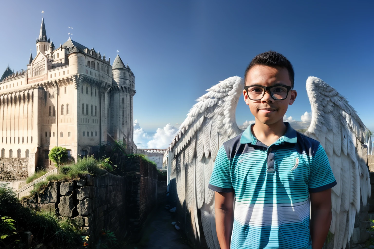 guttonerdvision12, Image of a boy with glasses and wings in front of a castle, menino alado, Vencedor do concurso Pixabay, Jovem Anjo Wan, Vencedor do concurso Pexels, Anjo com asas pretas, Mito grego pintura digital, Tron Anjo, Tema de anjo, inspirado por Jacob More, foto de perfil 1024px, Ruins in the background, angelic and unsettling