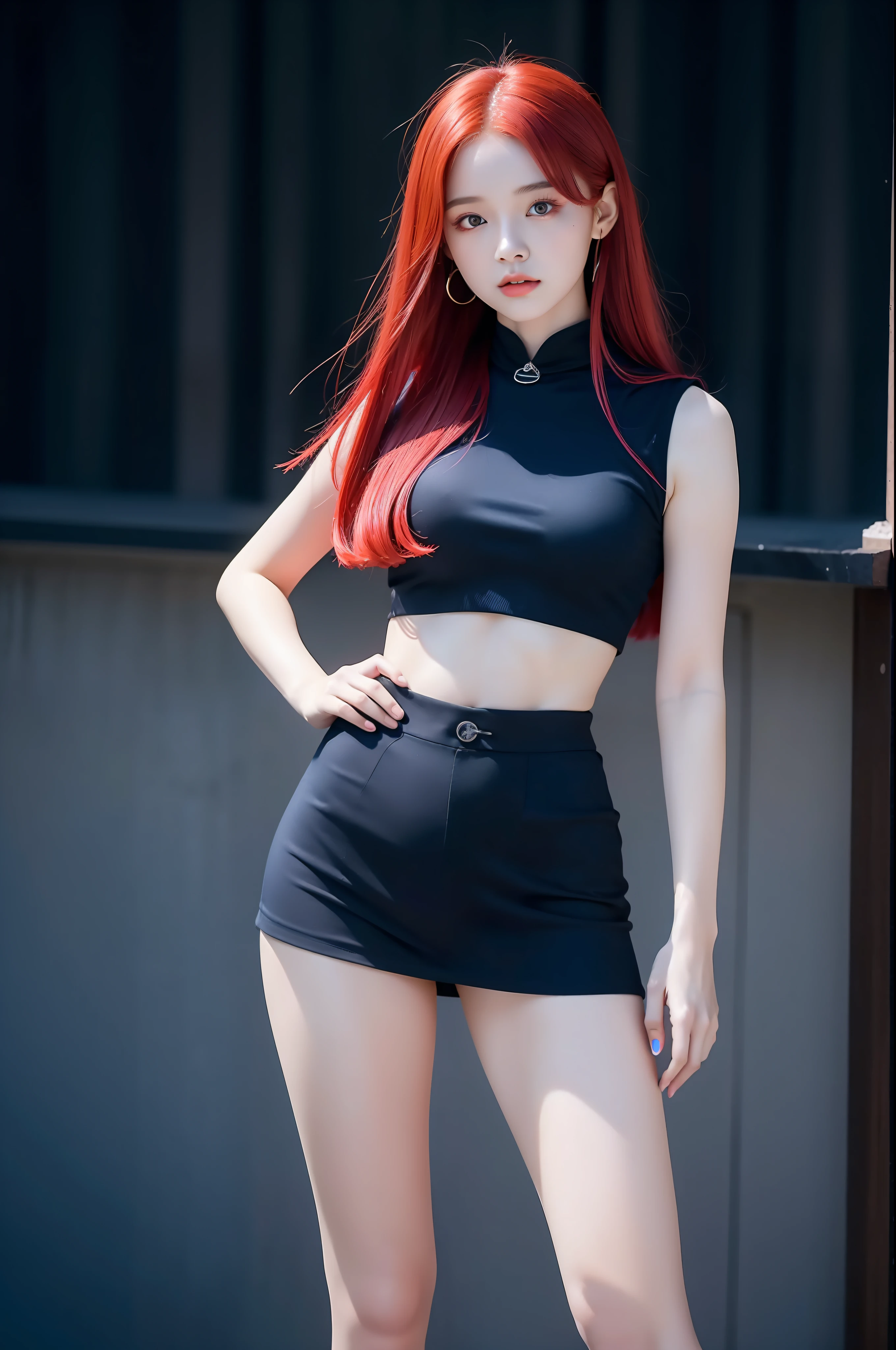 "Full body view of 18 years old Kim Chaewon as a young witch girl with blue red hair. She is standing confidently, with a slight exposure of her midriff and a petite figure. The photo is captured in UHD 4K, exhibiting exquisite details."