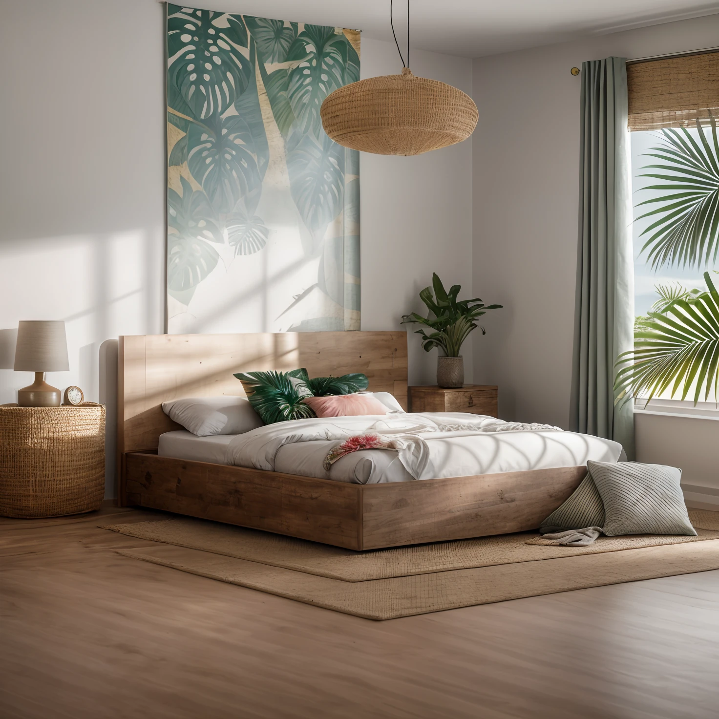 RAW photo, very realistic, masterpiece, 8k, film grain, Fujifilm XT3, bedroom, interior, indoor, full furniture, (tropical style:1.5), (Global lighting, Studio light, volumetric lighting, soft lighting), flat wall, flat ceiling, glass window, curtain, wooden bed, Dampier Lantern, picture