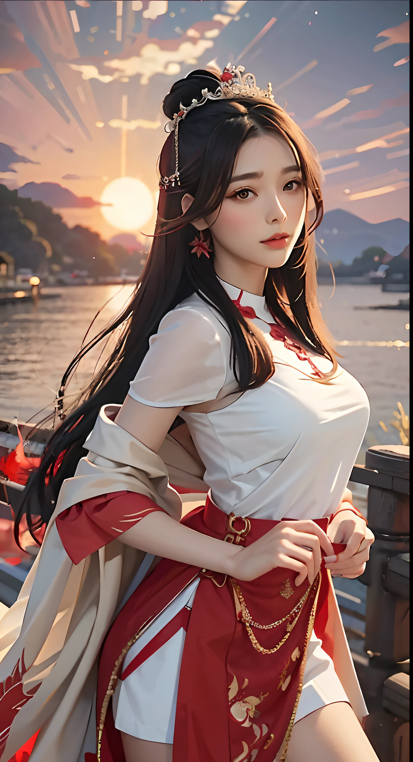 A woman in a red and white dress stands on the dock, Palace ， A girl in Hanfu, Hanfu, White Hanfu, Anime goddess, beautiful teenage girl, a beautiful fantasy empress, trending on cgstation, Chinese girl, Guviz-style artwork, Guviz, Anime girl cosplay, by Yang J, Traditional beauty, Beautiful goddess