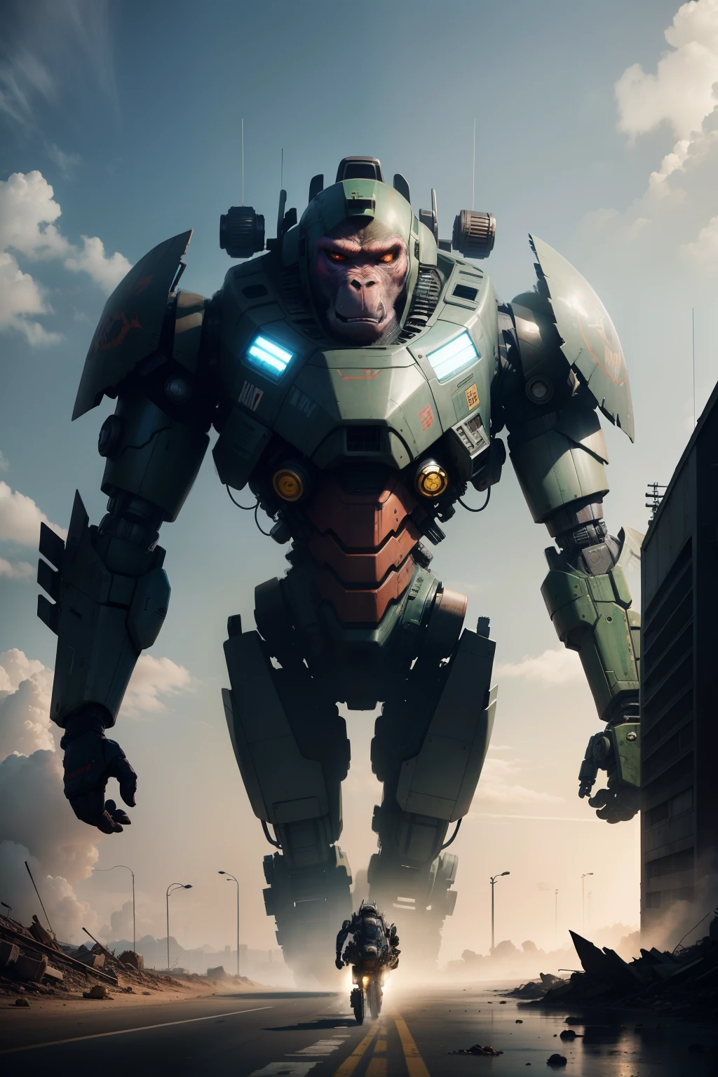 A baboon drives a mech around the Pacific Rim to fight monsters in a ruined city