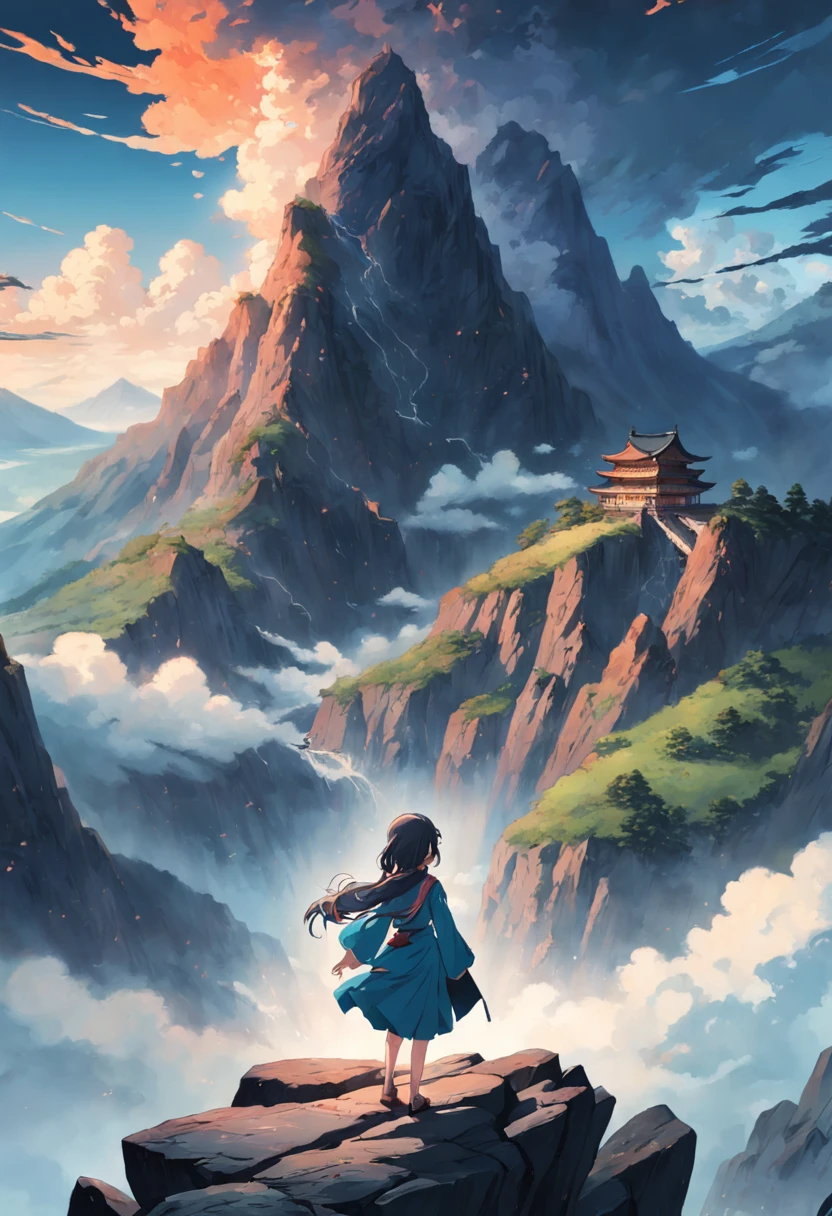 grainy, extremely detailed masterpiece, high-quality depiction of a girl standing on a cliff in front of a majestic mountain