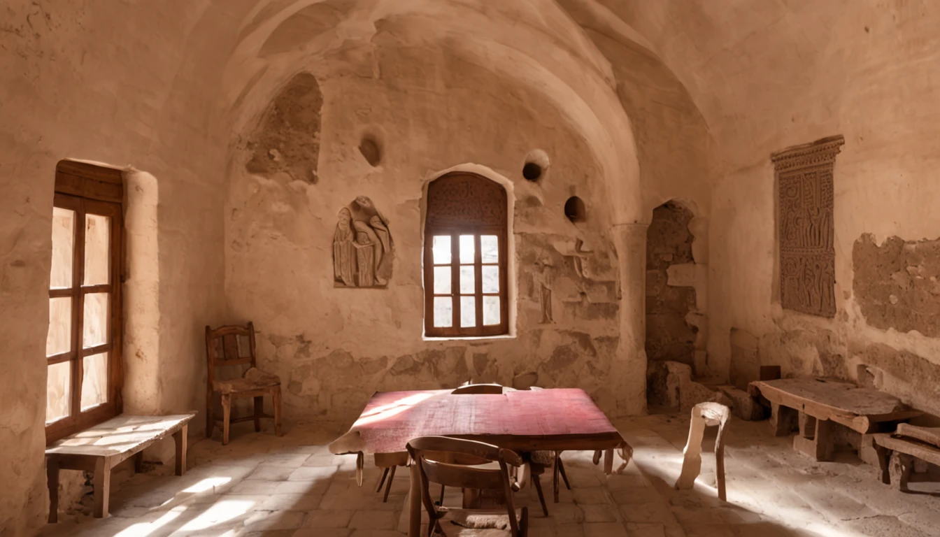 Visual rendering captures an evocative scene in ancient Israel, in the midst of Jesus' time. Two men immersed in a negotiation occupy a typical house of Israeli architecture. El ambiente es formal y solemne, reflecting a business meeting of the time. The internal room of the house is decorated simply but of high quality.Una mesa de trabajo robusta, hecha de madera envejecida y pulida, ?????? el centro del espacio. Natural scratches and wear reveal years of use. Sobre la mesa, meticulosamente dispuestos, yacen rollos de escritos y documentos, Show the importance of negotiation. The details on the rolls are vivid, con fibras de pergamino y trazos de tinta claramente visibles.Las sillas alrededor de la mesa, talladas en madera y tapizadas con tejidos ornamentados, sostienen a los hombres negociadores. Dressed in ancient robes and headscarves, are immersed in a concentrated conversation. Sus rostros reflejan seriedad, arrugas finas y expresiones que denotan la trascendencia del asunto.The room is illuminated with warm light filtered by arched windows, Typical of Israeli architecture. Architectural details stand out: paredes de piedra desgastada, Small shelves with ceramic vessels and an intricate mosaic floor that adds elegance.La imagen, With 8K resolution, exhibe hiperdetalles. Cada textura envejecida, Wrinkles on robes and meticulous document contribute to realism. Los trazos minuciosos son visibles, From parchment fibers to microscopic details, transportando al tiempo y al lugar con una profundidad sorprendente., colorido, yang08k, Cinematographer, hermoso, fondo ?????, obras maestras, calidad superior, mejor calidad, arte oficial, Beautiful and Aesthetic, realista,Renderizado de unidades 8K de cuerpo completo, action shot, poros de la piel, very dark lighting, sombreado pesado, detallado, cara detallada, (Vibrante