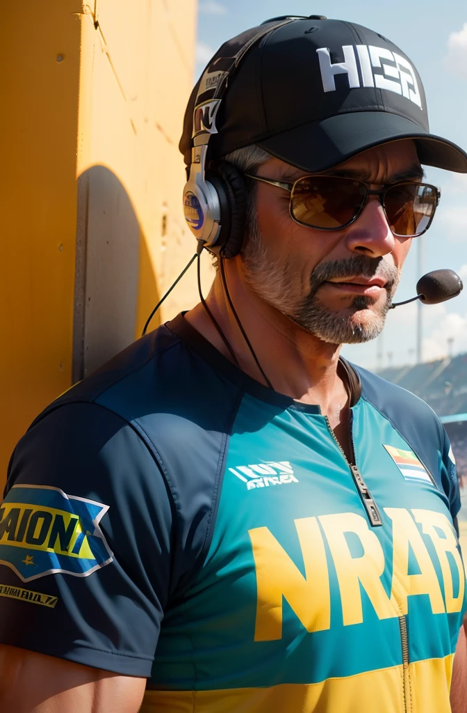 CRIE PARA MIM 1 HOMEM DE 40 ANOS, brasileiro, PARA SPOTTER DA NASCAR, with sunglasses he is with ((headset on the head)), COM ROUPAS BRASILEIRAS, and a cap with the WRITING "VIRE A DIREITA", REALISTA.