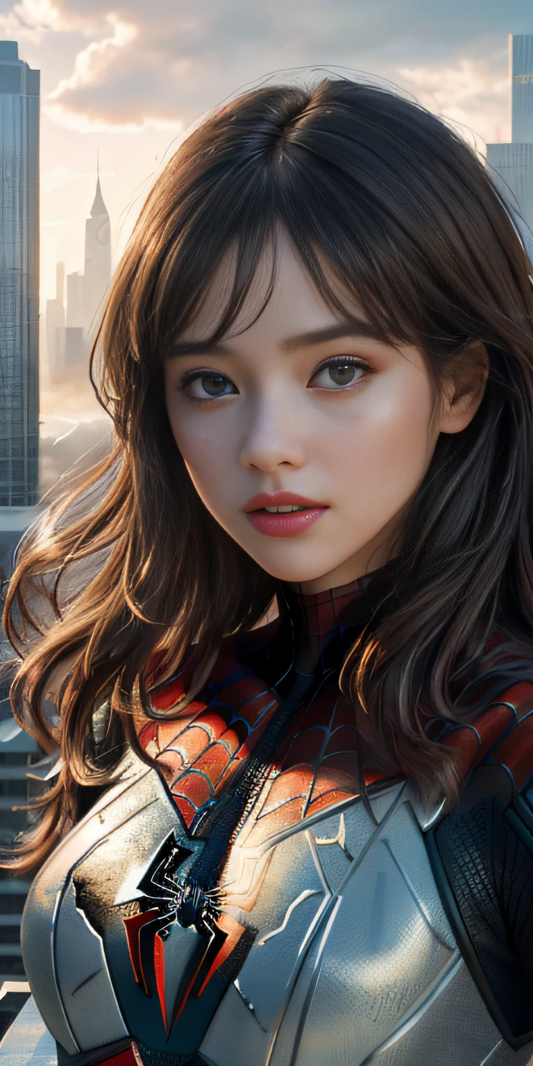 (1girl:1.3), Solo, (((Very detailed face)))), ((Very detailed eyes and face)))), Beautiful detail eyes, Body parts__, Official art, Unified 8k wallpaper, Super detailed, beautiful and beautiful, beautiful, masterpiece, best quality, original, masterpiece, super fine photo, best quality, super high resolution, realistic realism, sunlight, full body portrait, amazing beauty, dynamic pose, delicate face, vibrant eyes, (from the front), She wears Spider-Man suit, red and black color scheme, spider, very detailed city roof background, rooftop, overlooking the city, detailed face, detailed complex busy background, messy, gorgeous, milky white, highly detailed skin, realistic skin details, visible pores, clear focus, volumetric fog, 8k uhd, DSLR, high quality, film grain, fair skin, photo realism, lomography, futuristic dystopian megalopolis, translucent