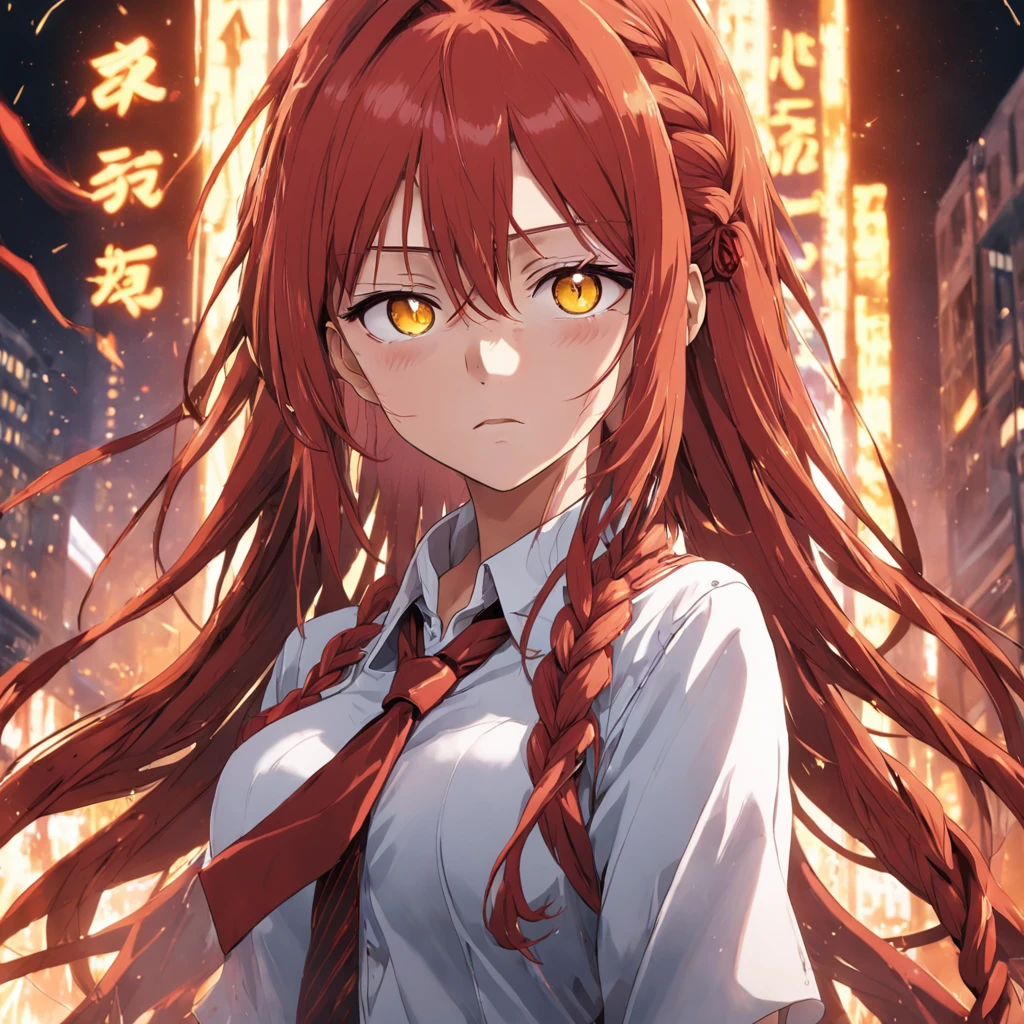 masterpiece, (photorealistic:1.4), best quality, beautiful lighting,
(ulzzang-6500:0.5), makima \(chainsaw man\), (red hair)+(long braided hair)+(bangs), yellow eyes, golden eyes, ((ringed eyes)), (white shirt), (necktie),
RAW photo, 8k uhd, film grain