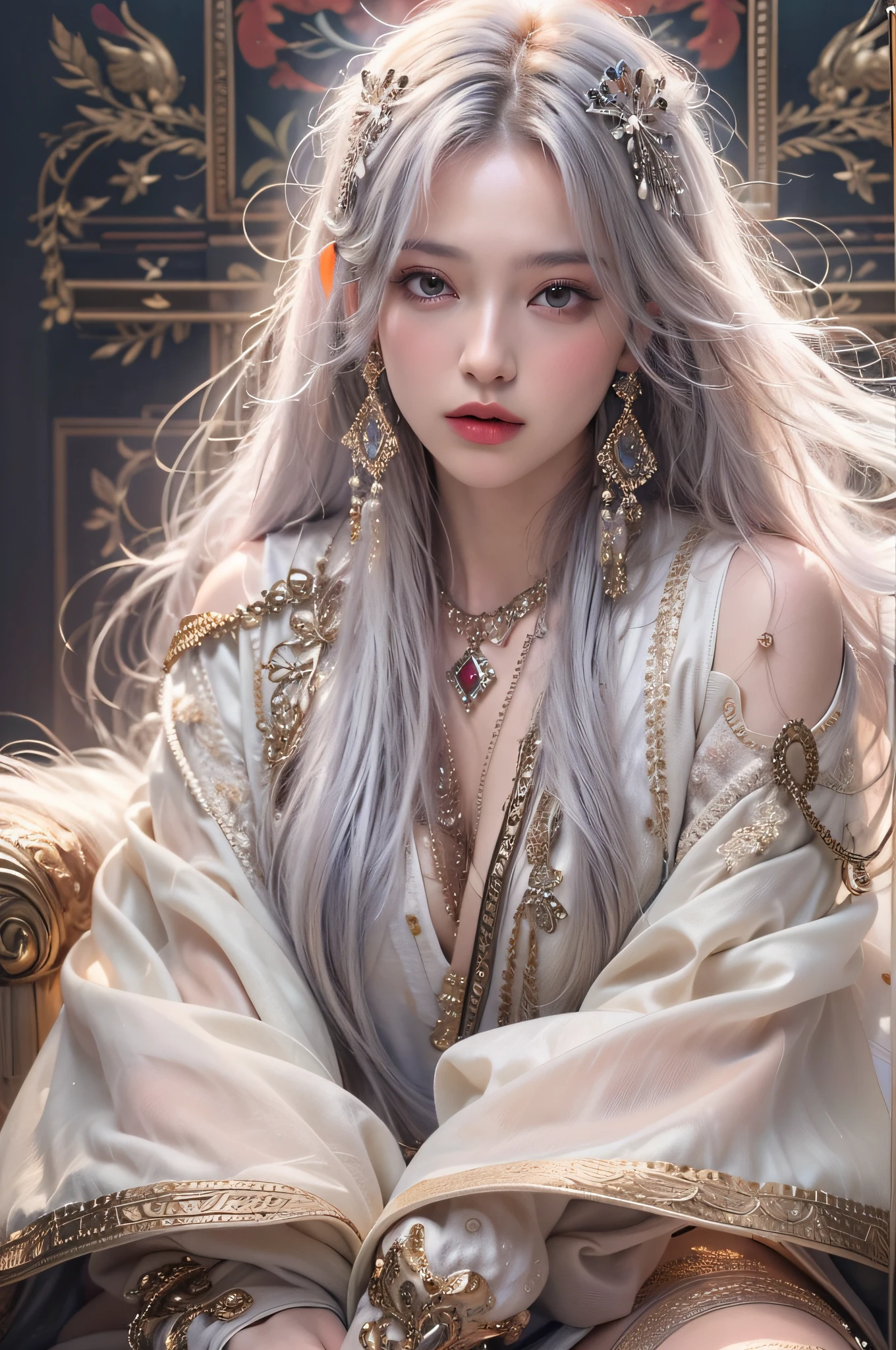 (Masterpiece:1.5, Best quality:1.5), Realistic, (Ultra photo realsisim:1.5), (photograph realistic:1.5), (Real picture, Intricate details), view the viewer, (8K wallpaper:1.5) (From the soles of the feet to the head:1.15), Full body photo,standing on your feet,(Detailed face:1.5), (Detailed eyes:1.5), (clear photo),Highly detailed, Ultra-detailed, 超高分辨率,Photorealistic, high resolution, Full body photo,1womanl, Solo, view the viewer, White hair, Long hair, taoist robe,Oversized clothes, jewelry