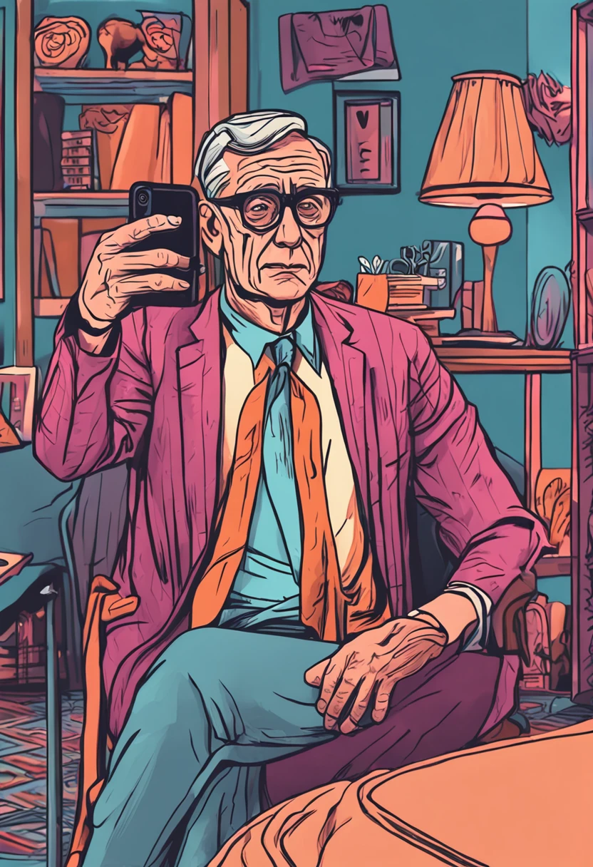 make CARL ROGERS, taking uma selfie with a phone, aesthetic, digital art, 4k, high quality, style, proportional, no background