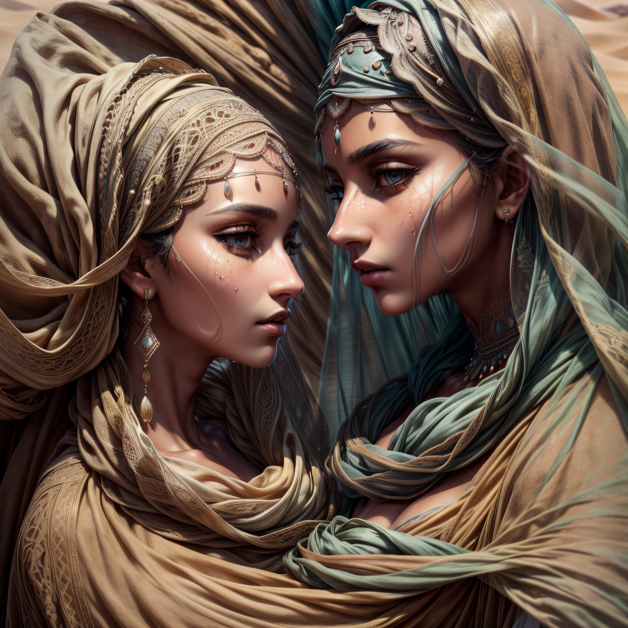 (masterpiece, shallow depth of field, 8k, uhd, extremely detailed, highest quality), Desert sand dunes, veiled faces looking at each other, abstract, skin detail, complex faces, impurities, depth of field