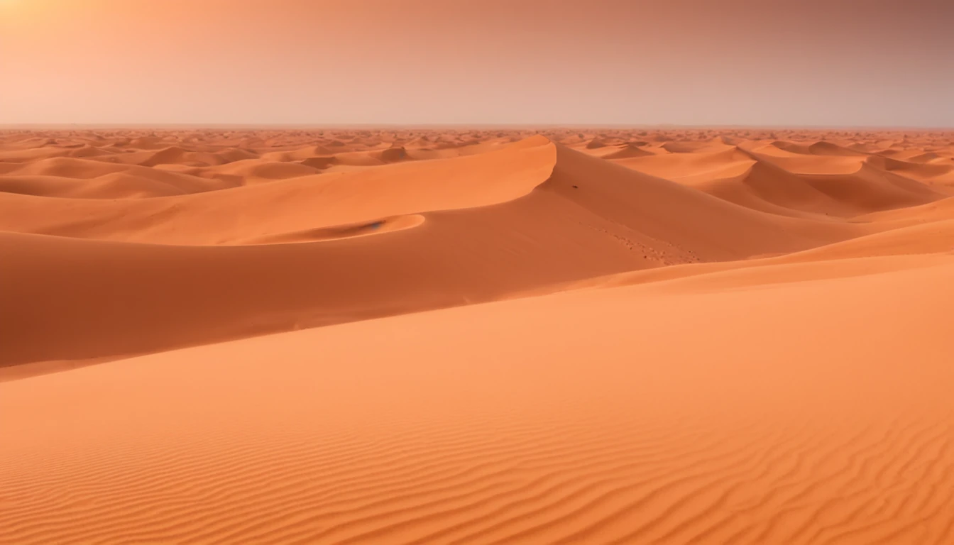 Sahara desert landscape at sunset with golden sand dunes stretching as far as the eye can see