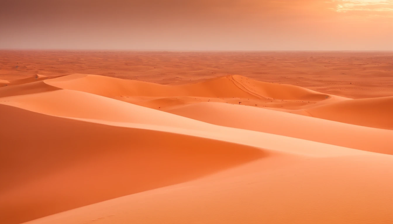 Sahara desert landscape at sunset with golden sand dunes stretching as far as the eye can see