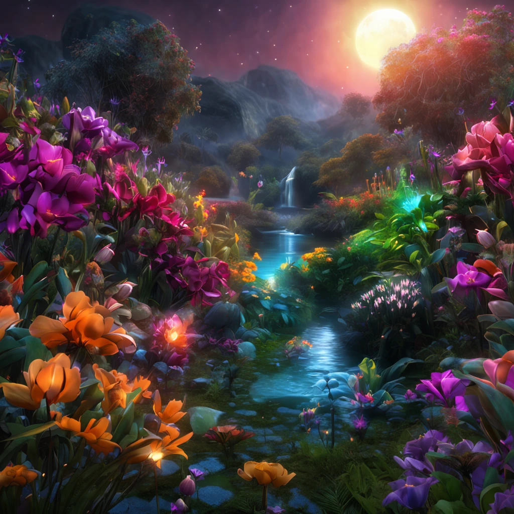 A night landscape, with "glowing fairies", beautiful flowers, bushes, sparkling water, moonlighting (extremely detailed CG unity 16k wallpaper), most beautiful artwork in the world, professional majestic oil painting, intricate, high resolution, Sharp focus, dramatic, photorealistic, painting art, hyper-realistic, (Van Gough Style)