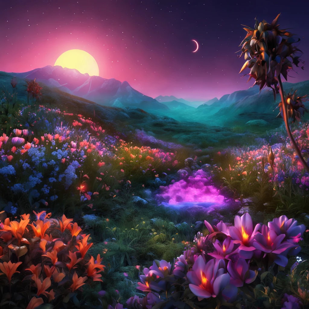 A night landscape, with "glowing fairies", beautiful flowers, bushes, sparkling water, moonlighting (extremely detailed CG unity 16k wallpaper), most beautiful artwork in the world, professional majestic oil painting, intricate, high resolution, Sharp focus, dramatic, photorealistic, painting art, hyper-realistic, (Van Gough Style)