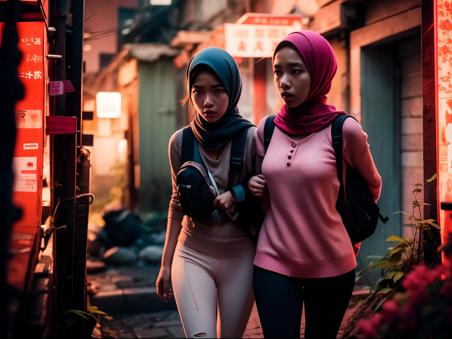 Two malay girl in hijab lost in fantasy jungle, beautiful face, petite body, carry backpack, torn outfit, wear sweater and tight pink leggings, scared face, scared expression and body language, sweating, cinematic lighting, professional photography, ultra realistic face, bright cinematic lighting,