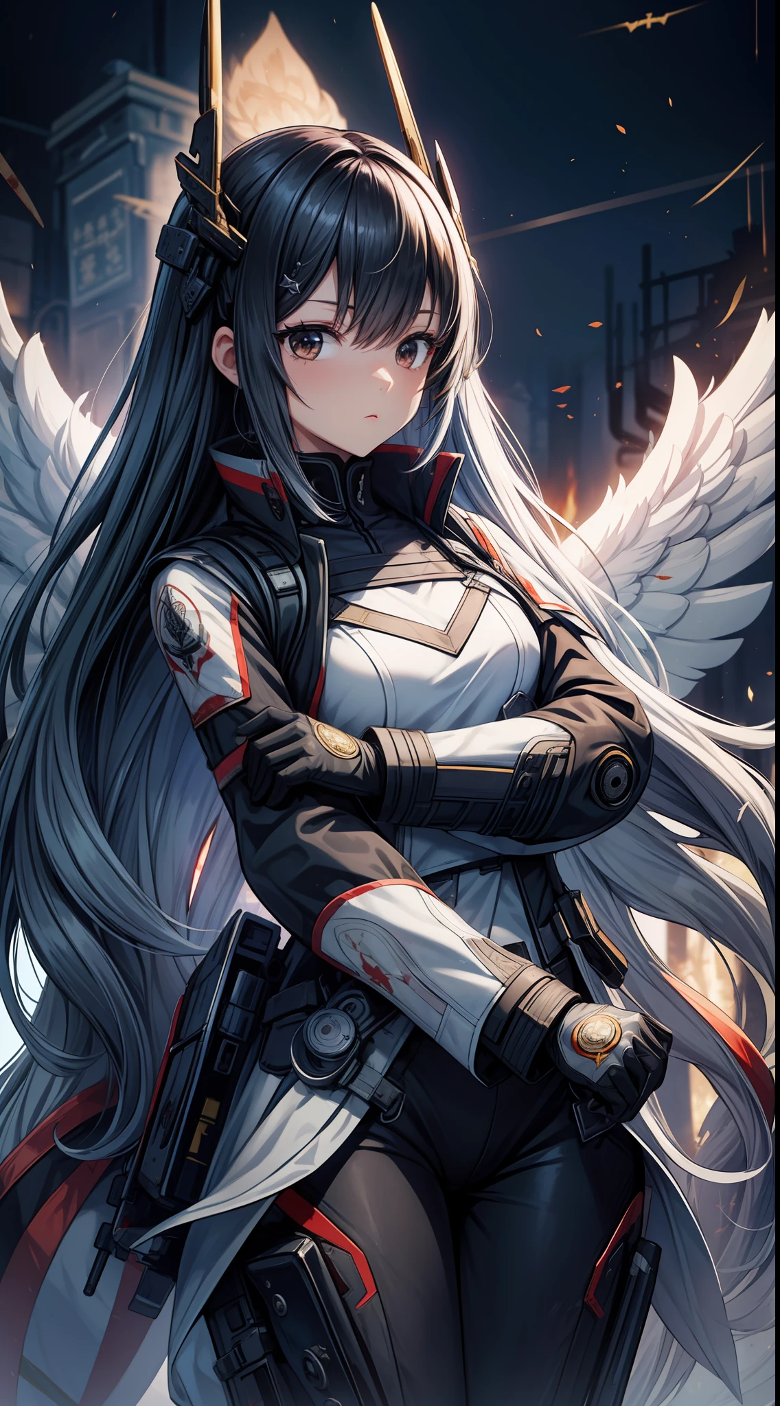 Tactical humanoid，female pervert，Black hair and black eyes，(arma)sharpest、sharp、Very long minions，modern warfare，Attacked，blasts，patrol，rampage ，irate，Black is the main color，streamlined line design，(War caps)，Pentagram and gold pattern，The sides are flanked by eagle winged batwing ornaments。tactical vest，Traditional pattern，Cross identification。Black clothing，Finished with white lace trim，Blue military logo，Black jumpsuit。spark of light，Iron and blood，Faded dreams，betrayal、interference，A princess is a knight，Burned out vehicles，Idealist。(Girl Front)，(New USSR)，(GDR)，(Latin American Union)，(China)，(Collapse bombs)，(Operation Bakery)，(Department of Antiquities)