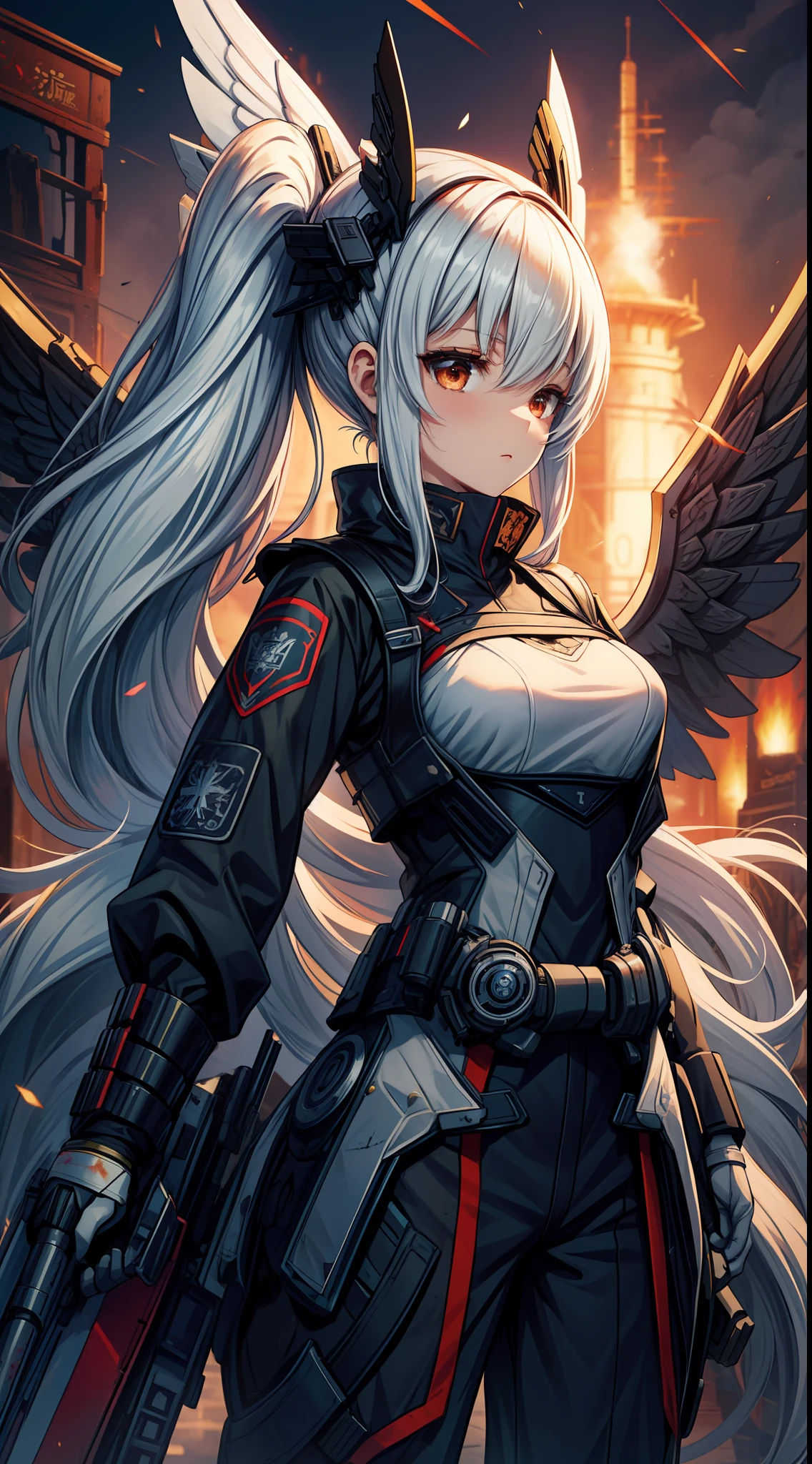 Tactical humanoid，female pervert，Black hair and black eyes，(arma)sharpest、sharp、Very long minions，modern warfare，Attacked，blasts，patrol，rampage ，irate，Black is the main color，streamlined line design，(War caps)，Pentagram and gold pattern，The sides are flanked by eagle winged batwing ornaments。tactical vest，Traditional pattern，Cross identification。Black clothing，Finished with white lace trim，Blue military logo，Black jumpsuit。spark of light，Iron and blood，Faded dreams，betrayal、interference，A princess is a knight，Burned out vehicles，Idealist。(Girl Front)，(New USSR)，(GDR)，(Latin American Union)，(China)，(Collapse bombs)，(Operation Bakery)，(Department of Antiquities)