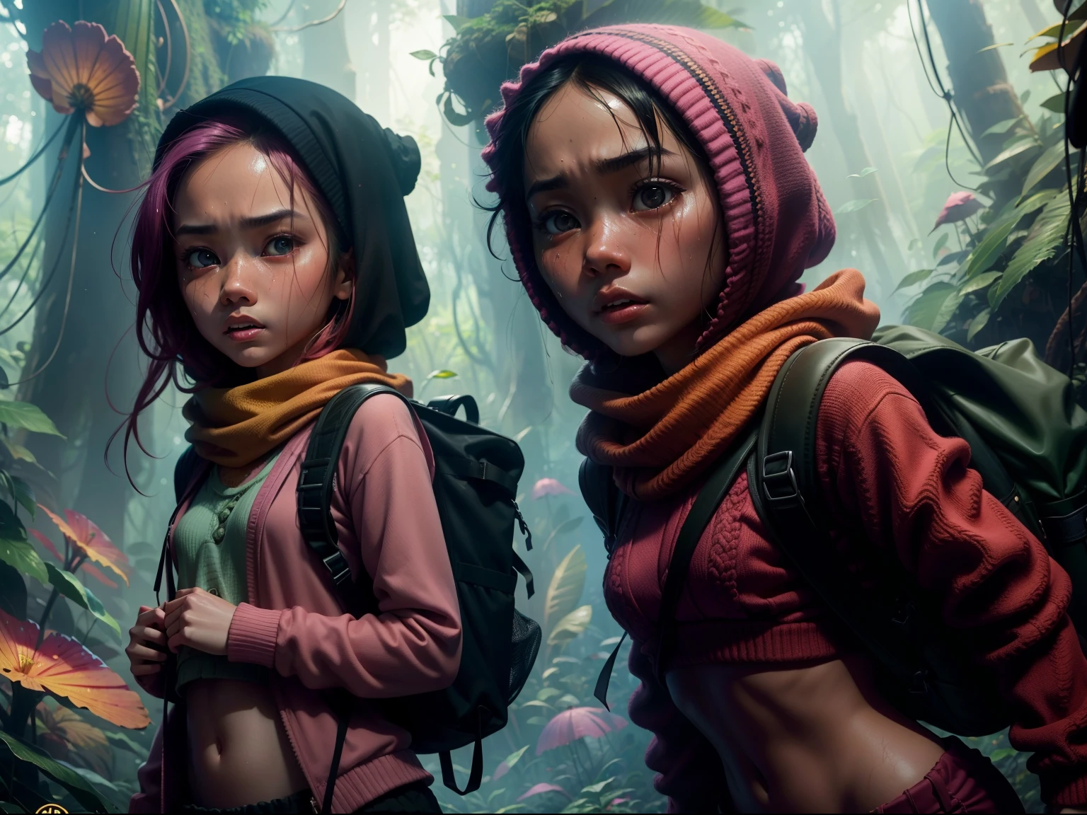 Two malay girl in hijab lost in fantasy jungle, beautiful face, petite body, carry backpack, torn outfit, wear sweater and tight pink leggings, scared face, scared expression and body language, sweating, cinematic lighting, professional photography, ultra realistic face, bright cinematic lighting,