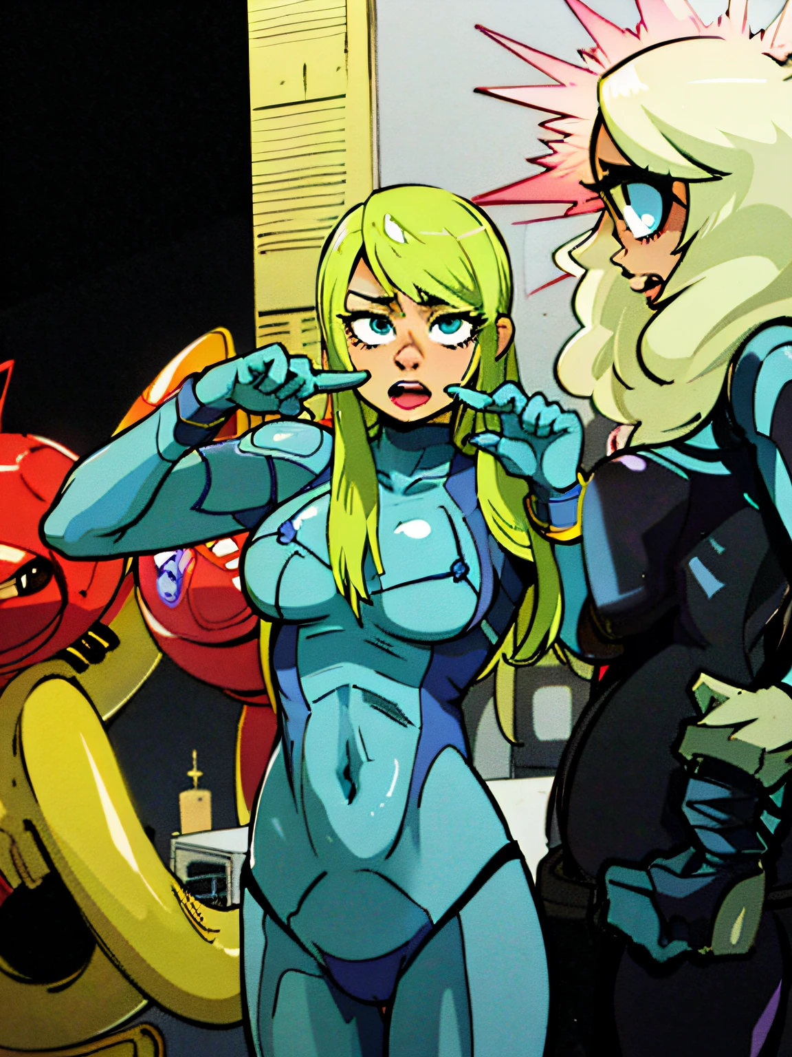 samus, ahegao, nsfw, orgasm, there are two women dressed in costumes standing next to each other, cosplayer, invisible woman, zero suit samus, cosplay, samus, anime cosplay, samus aran, publicity cosplay, inspired by Leng Mei, in spandex suit, comic character, marvelous expression, closeup photo at nyc comicon, professional cosplay, cosplay photo, tight light blue neopren suits