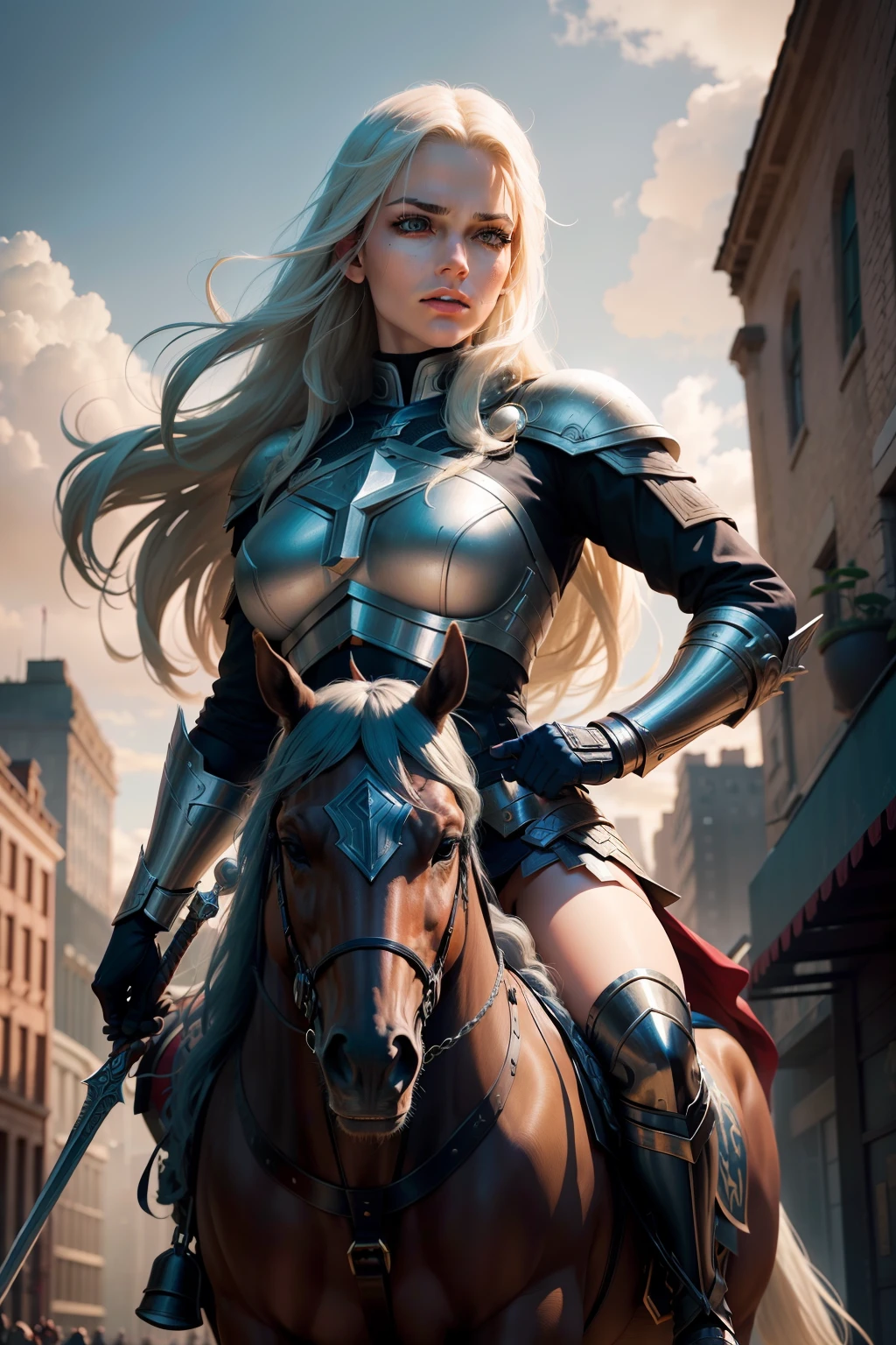 New York, Square of Time, Valkyrie, also known as Brunnhilde, is a character from Marvel Comics. She is an Asgardian warrior and a member of the Valkyries, a group of godlike warriors tasked with escorting the souls of fallen warriors to Valhalla. Valkyrie is skilled in hand-to-hand combat, wielding a sword and riding a majestic (horse) named Pegasus. She possesses superhuman strength, stamina, and longevity due to her Asgardian heritage. Additionally, Valkyrie is notable for her leadership, determination, and loyalty to her fellow Asgardians and the Avengers. Her presence brings a touch of mysticism and heroism to the mythology of the Marvel Universe. (best quality: 1.0), (Ultra Highres: 1.0), highly detailed face and eyes, (photorealistic: 1.2)