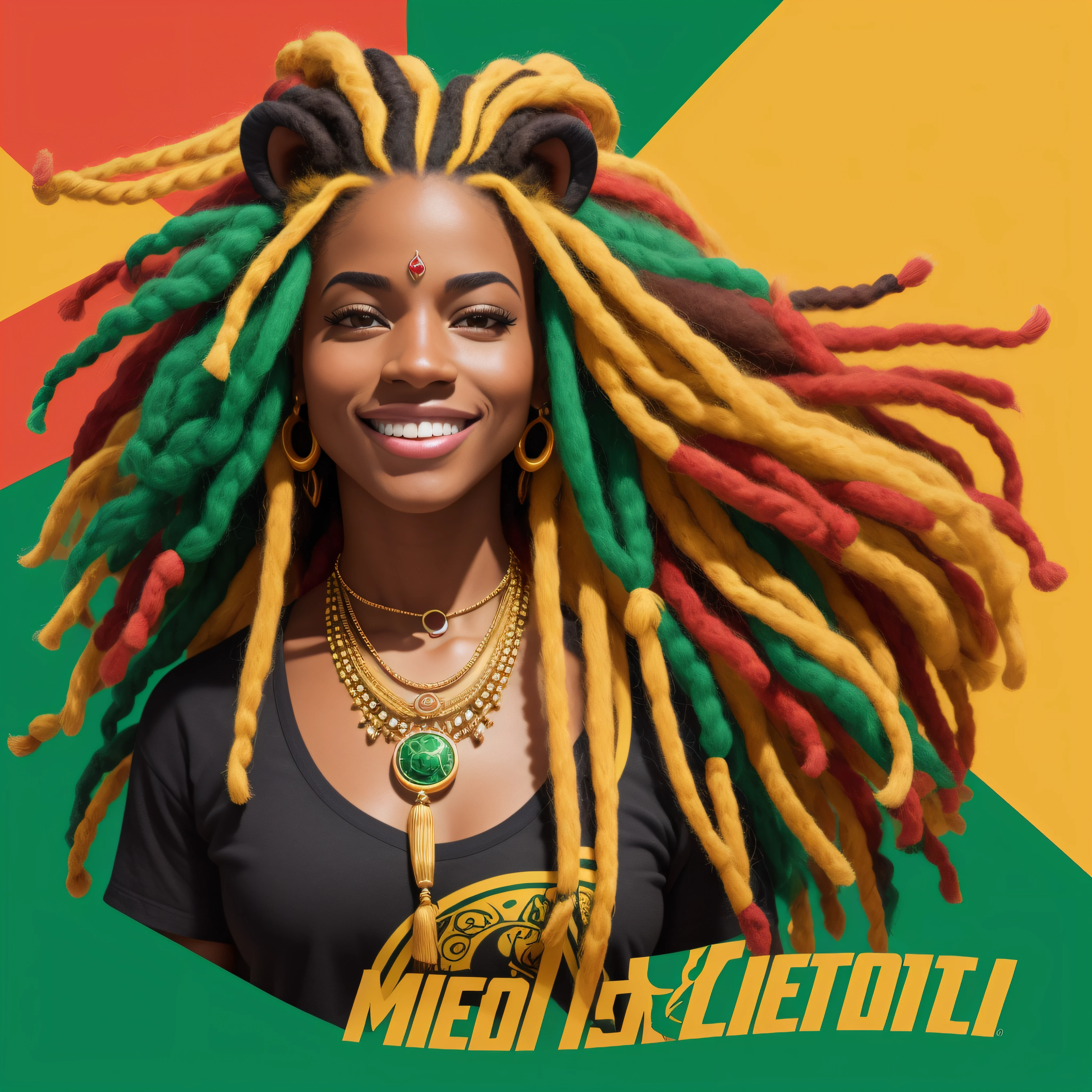 "Generate a modern logo with a unique graphic style, with the head of a stylized old lion with dreadlocks hair in green colors, vermelho e amarelo, rastafari accessories in hair in golden color, confident look forward and sarcastic smile, e letras ousadas 'Rootsy' em cores contrastantes. fundo preto"Image with a resolution of at least 300 dpi, imagem vetorial