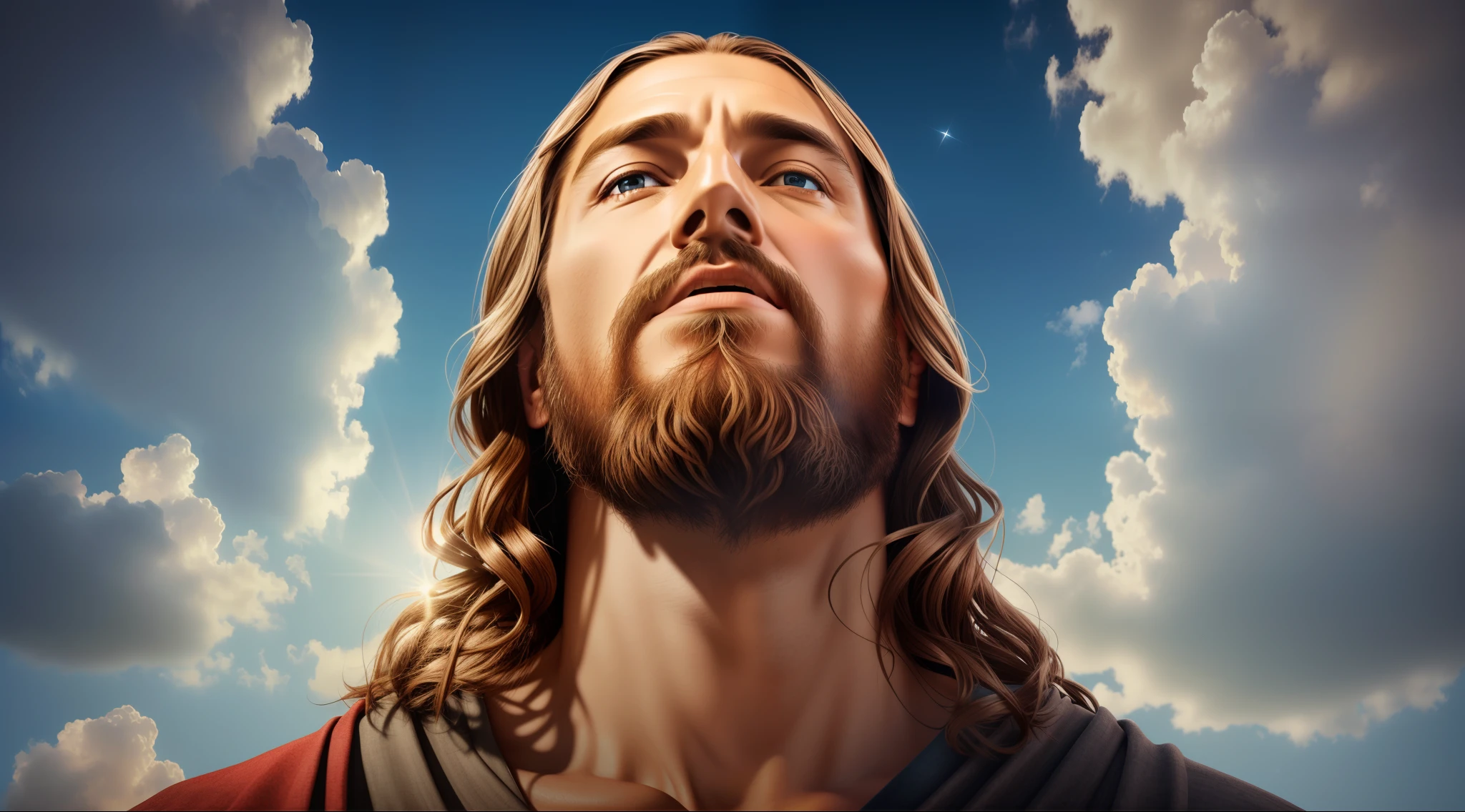Award-winning realistic photo of Jesus Christ (looking up at the sky:1.3), expression conveying a sense of satisfaction and victory, hyper detailed 4k