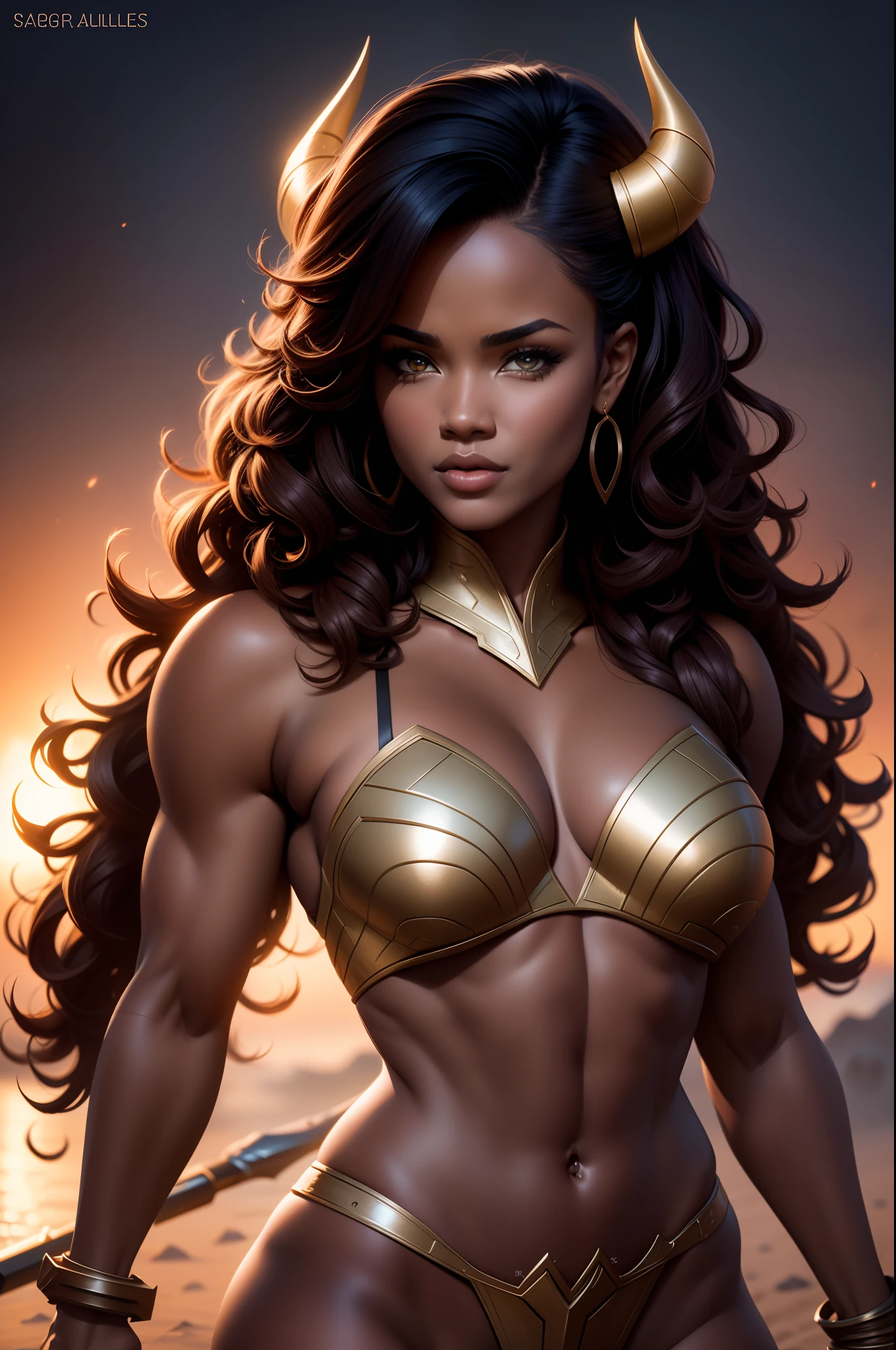 Warrior with horns and armor covering upper body standing in front of a planet, Samira de League of Legends, Artgerm JSC, Qiyana, Artgerm extremamente detalhado, Artgerm Julie Bell Beeple, Artgerm detalhado, Modelo IG | Artgerm, como visto no Artgerm, quadrinhos Artgerm, does bodybuilding and brunette curly hair