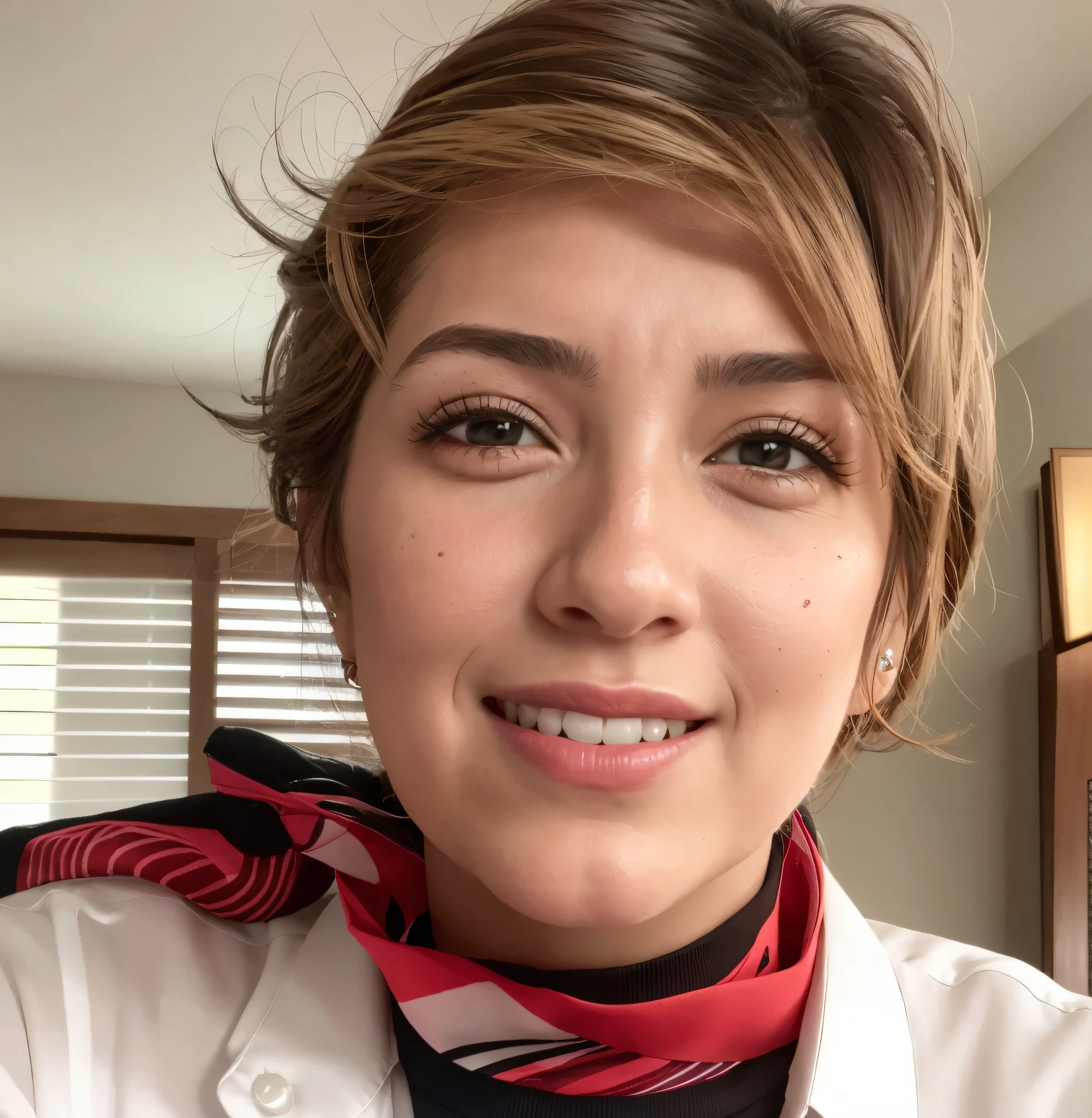 Smiling woman wearing a red and black neck tie and white shirt, inspired by Glòria Muñoz, usando maquiagem profissional, selfie de uma jovem mulher, full - rosto close - retrato para cima, Lorena Avarez, close-up headshot, Pokimane, rosto completo close up retrato, Loba Andrade de Apex Legends, close - retrato facial de cima