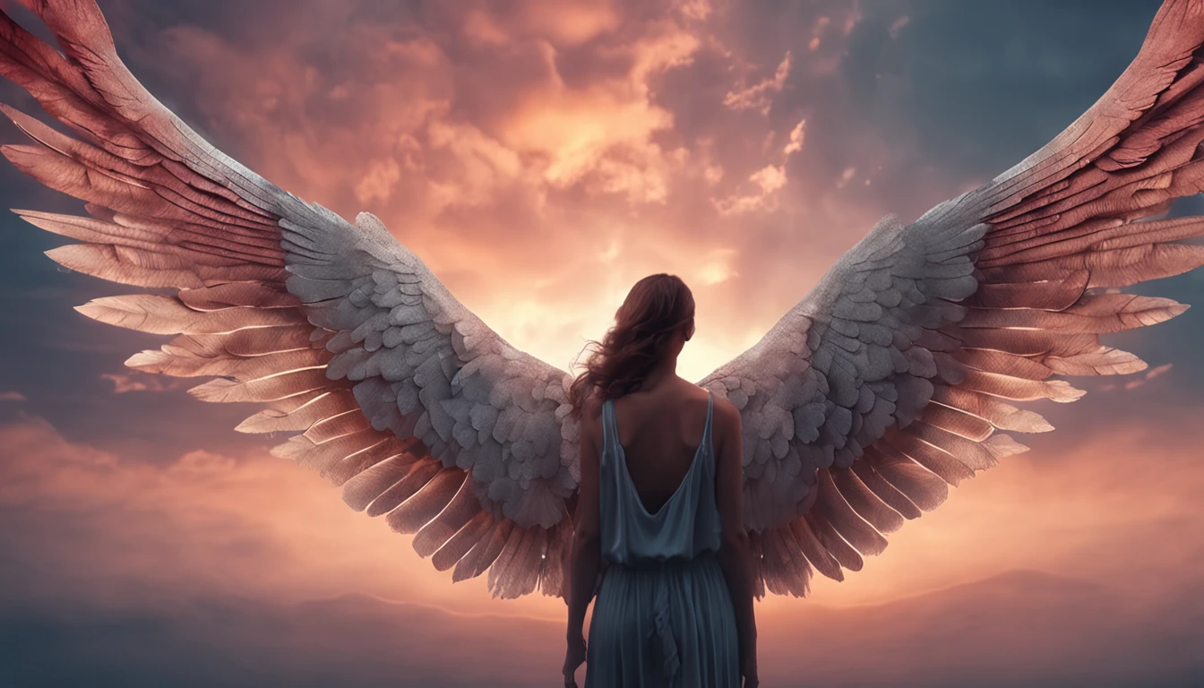 (professional render:) de (Realistic) foto de arte mais bonita do mundo,Painting of an angel with wings in the sky