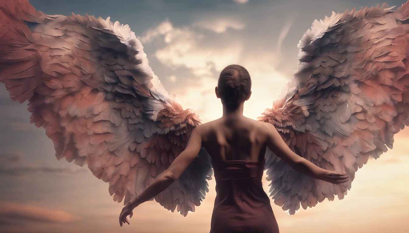 (professional render:) de (Realistic) foto de arte mais bonita do mundo，Painting of an angel with wings in the sky